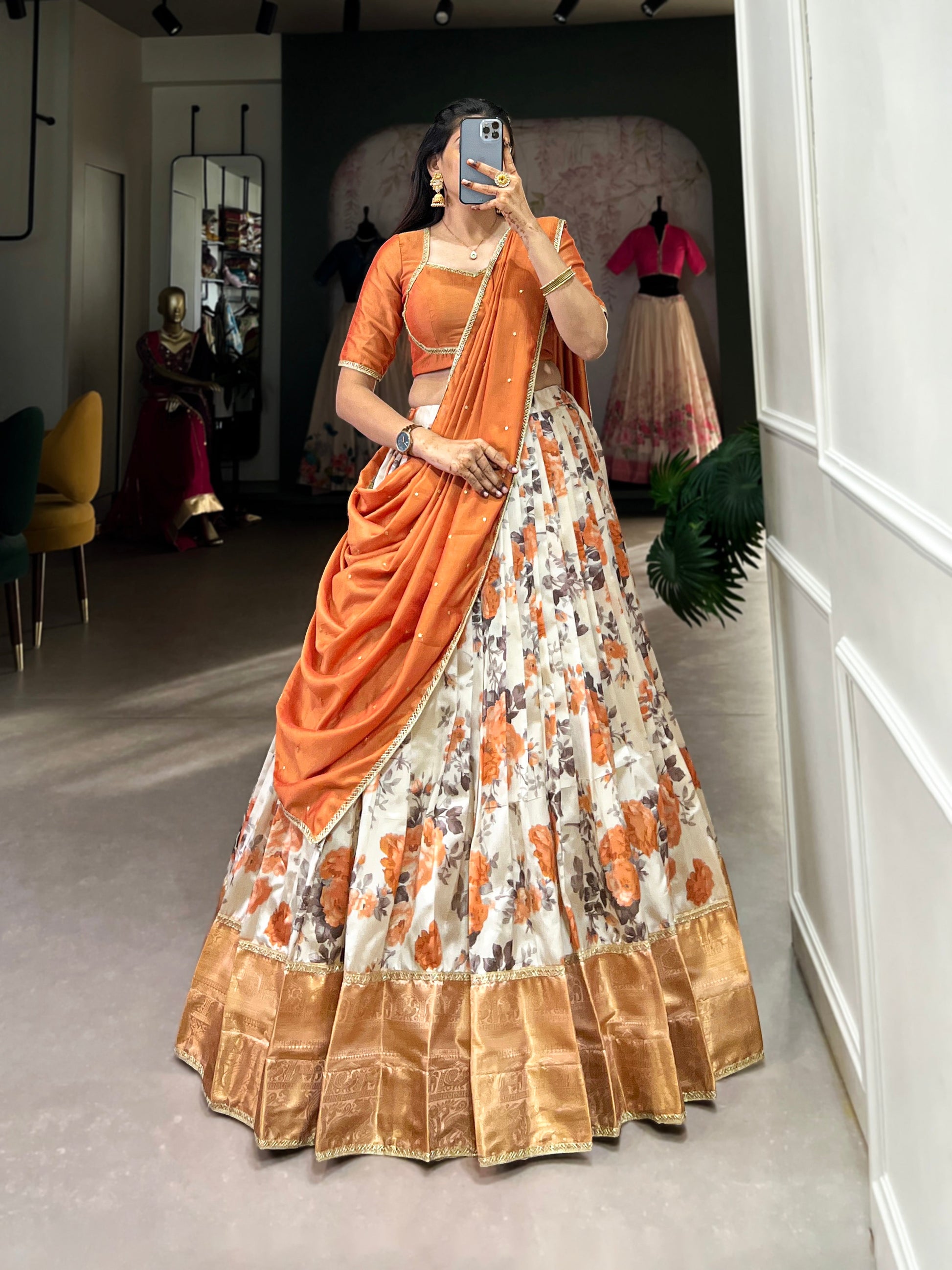 Lorenvalley Orange and White Dola Silk Floral Print And Zari Weaving Work With Lace Touch Up Lehenga Choli | Swadesiicart