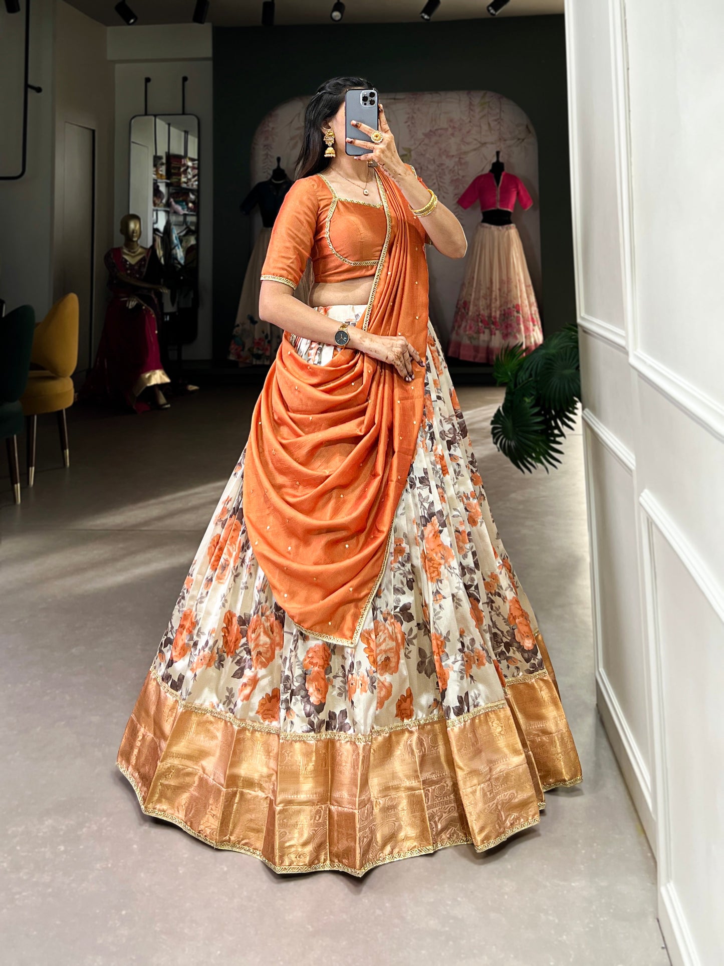 Lorenvalley Orange and White Dola Silk Floral Print And Zari Weaving Work With Lace Touch Up Lehenga Choli | Swadesiicart