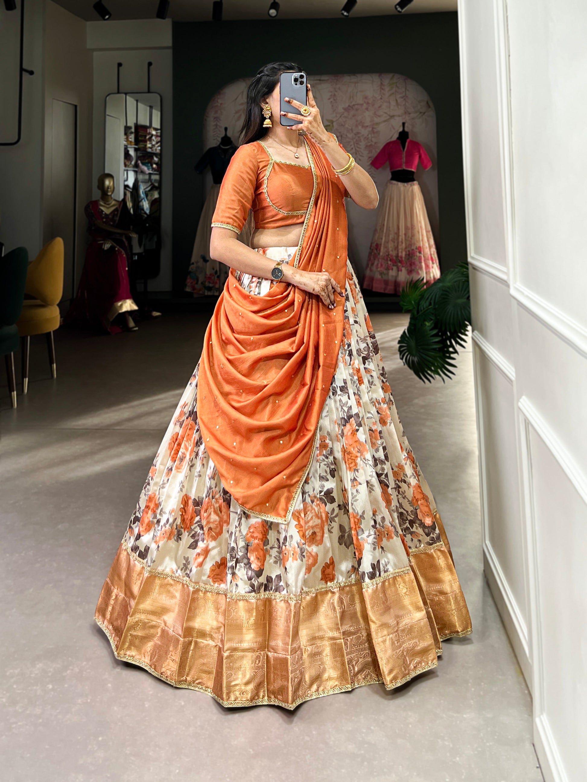 Lorenvalley Orange and White Dola Silk Floral Print And Zari Weaving Work With Lace Touch Up Lehenga Choli | Swadesiicart