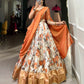 Lorenvalley Orange and White Dola Silk Floral Print And Zari Weaving Work With Lace Touch Up Lehenga Choli | Swadesiicart