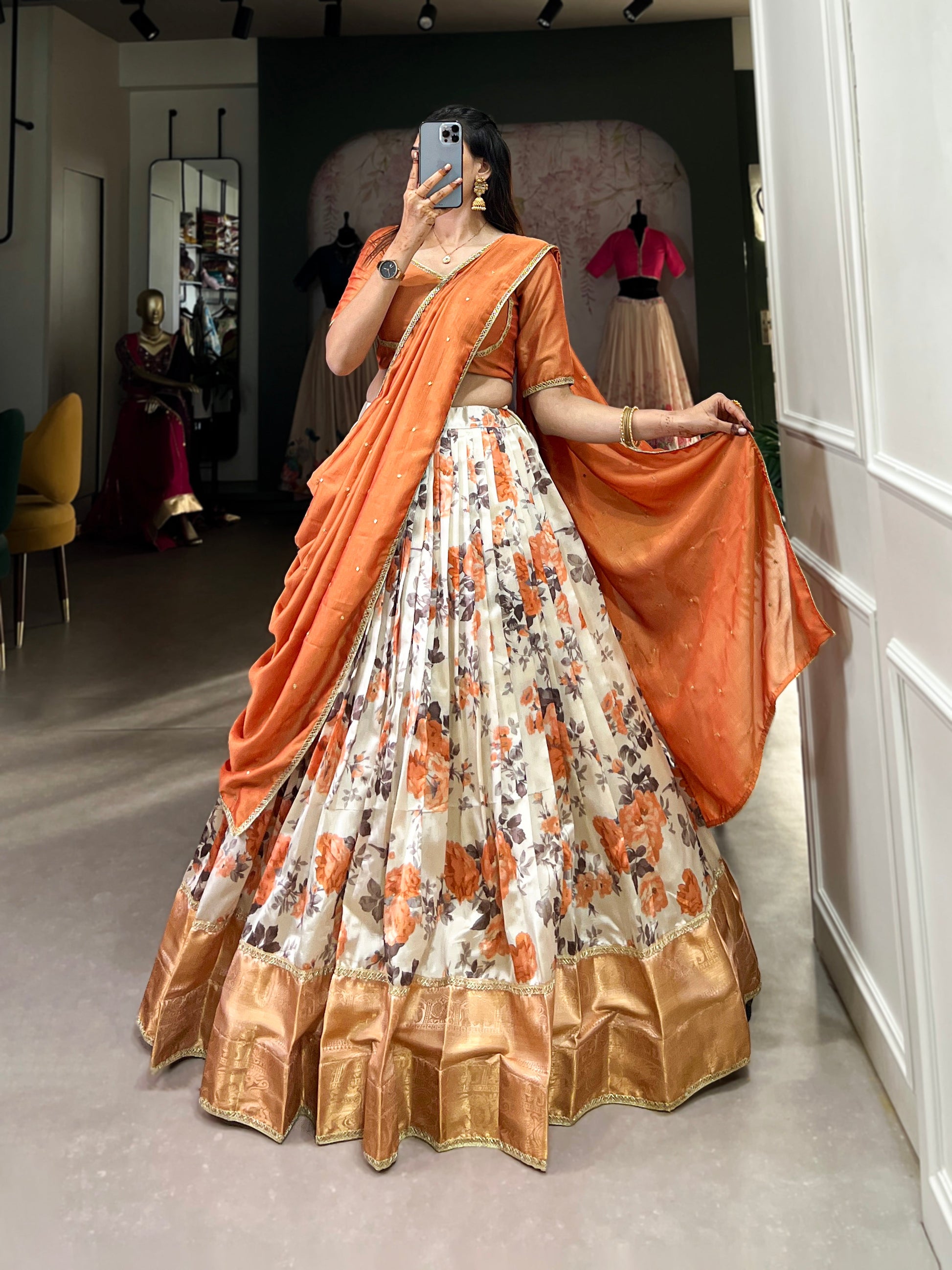 Lorenvalley Orange and White Dola Silk Floral Print And Zari Weaving Work With Lace Touch Up Lehenga Choli | Swadesiicart