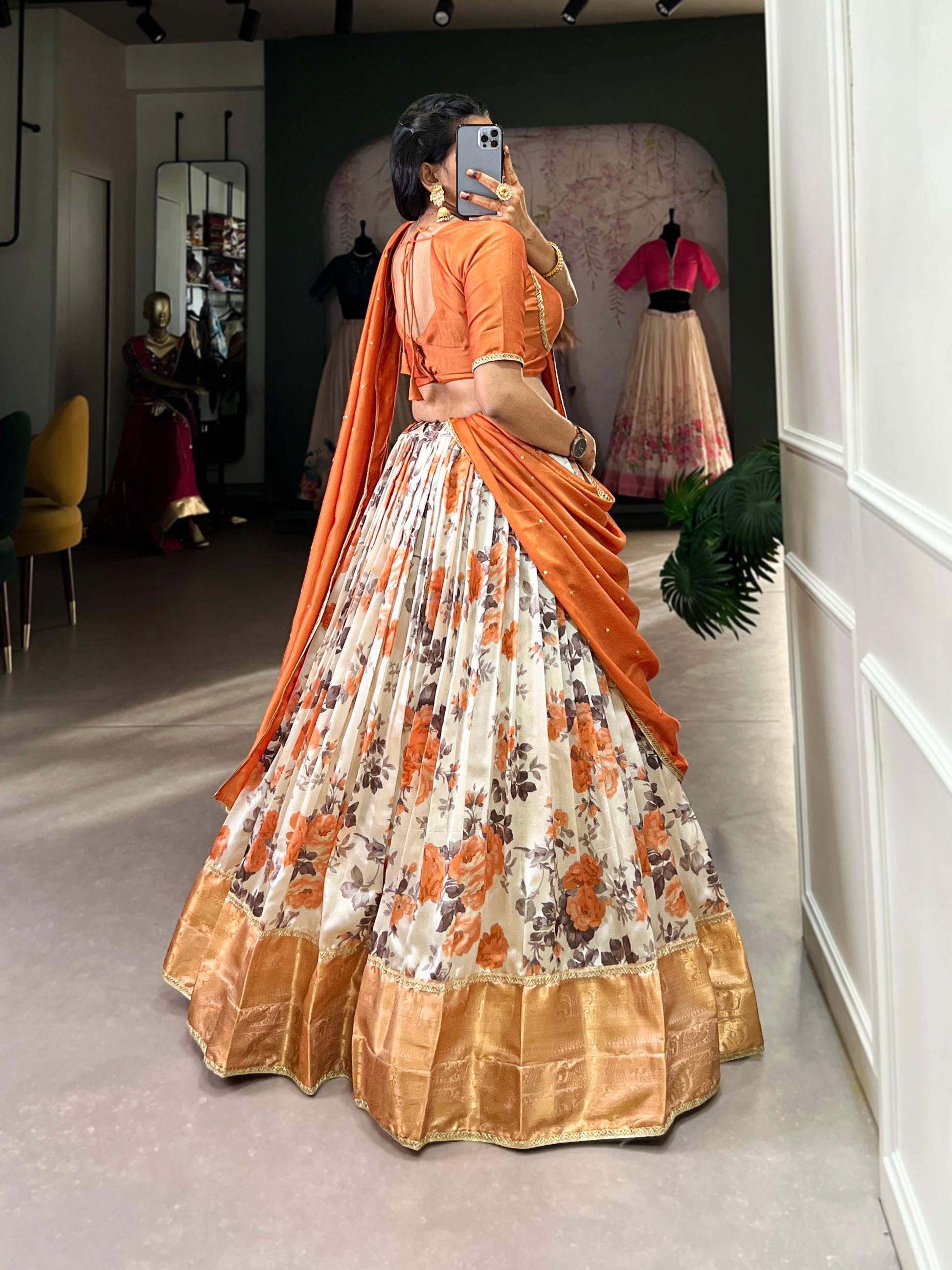 Lorenvalley Orange and White Dola Silk Floral Print And Zari Weaving Work With Lace Touch Up Lehenga Choli | Swadesiicart