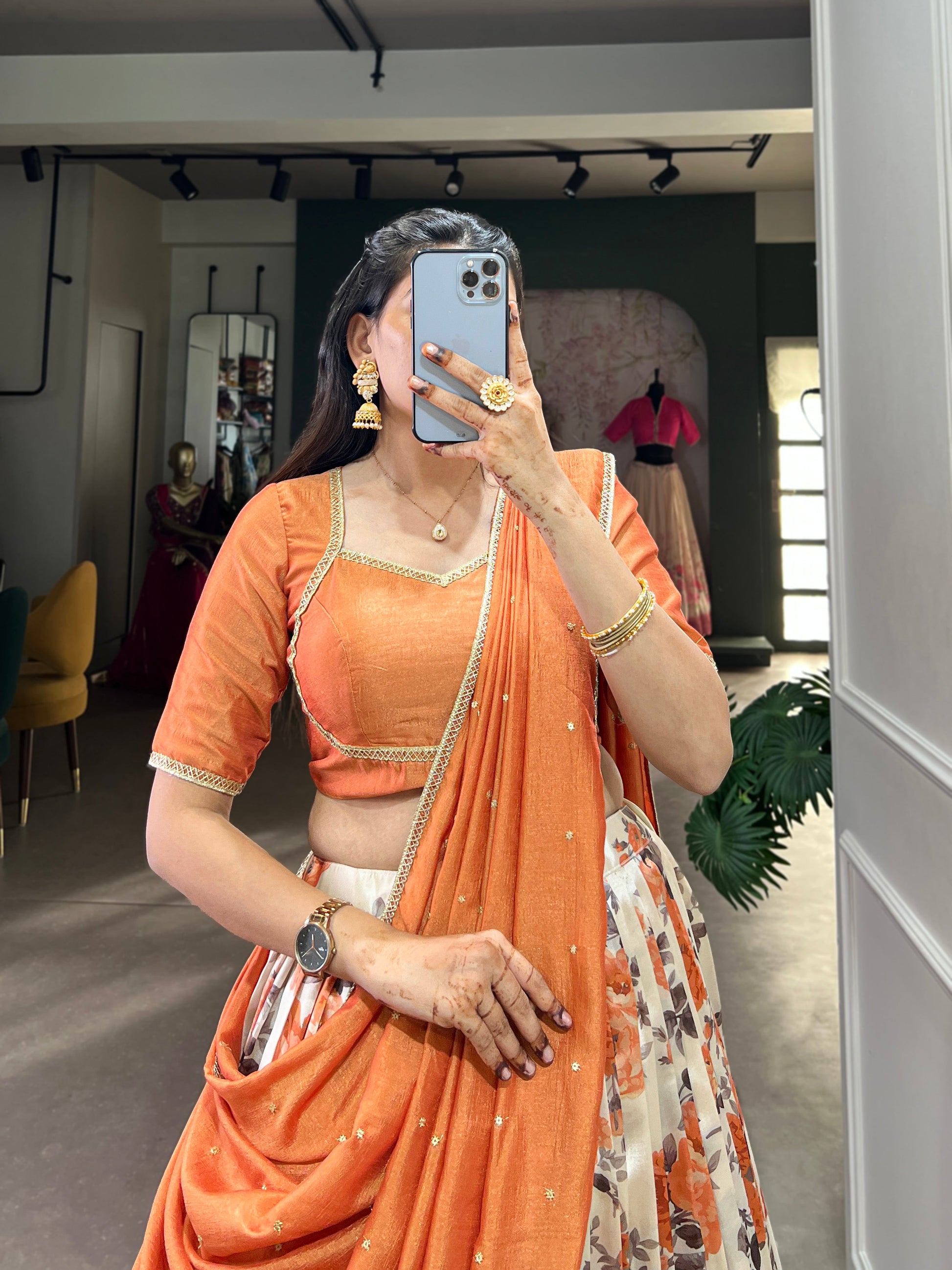 Lorenvalley Orange and White Dola Silk Floral Print And Zari Weaving Work With Lace Touch Up Lehenga Choli | Swadesiicart