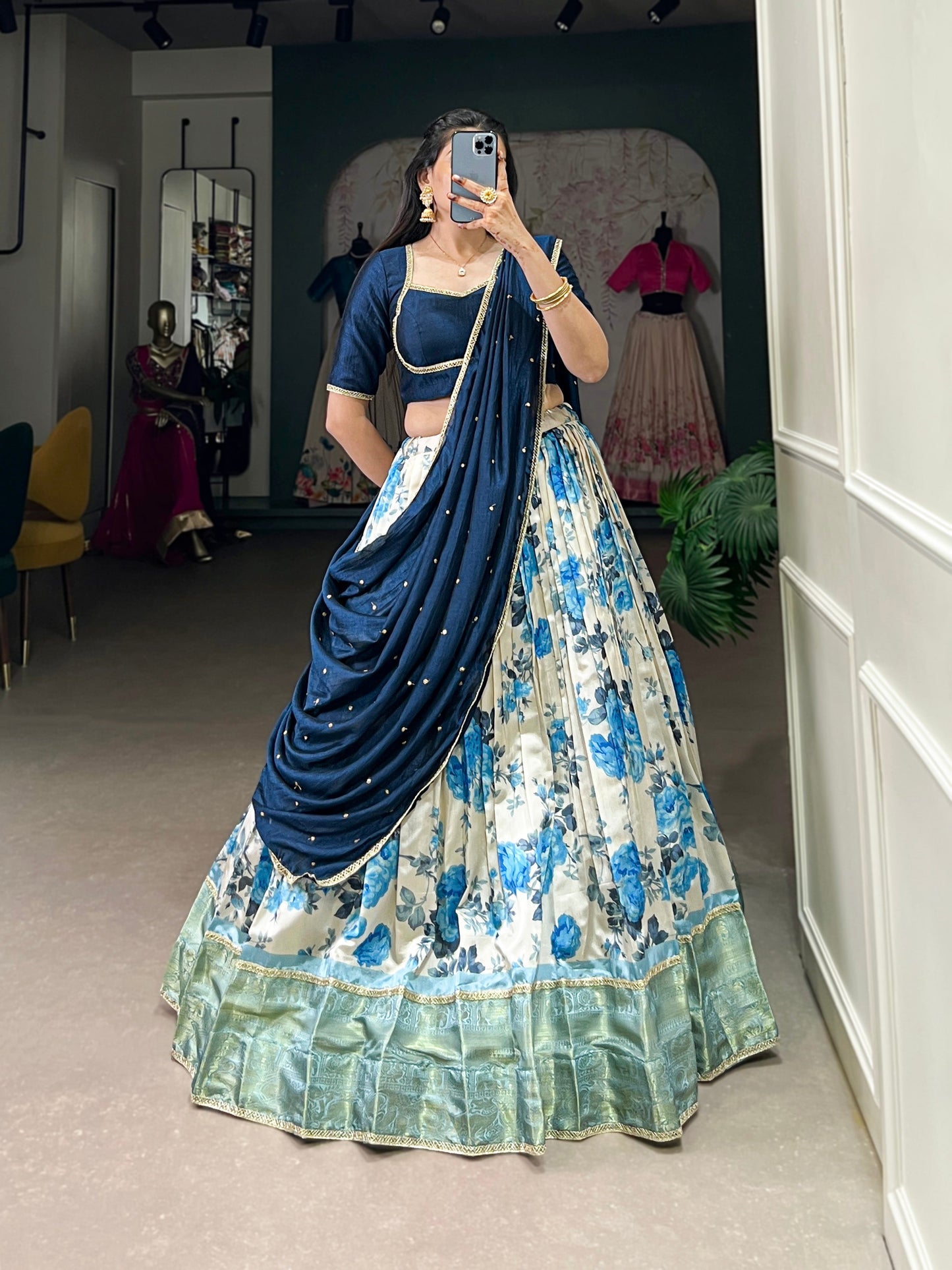 Lorenvalley Blue and White Dola Silk Floral Print And Zari Weaving Work With Lace Touch Up Lehenga Choli | Swadesiicart