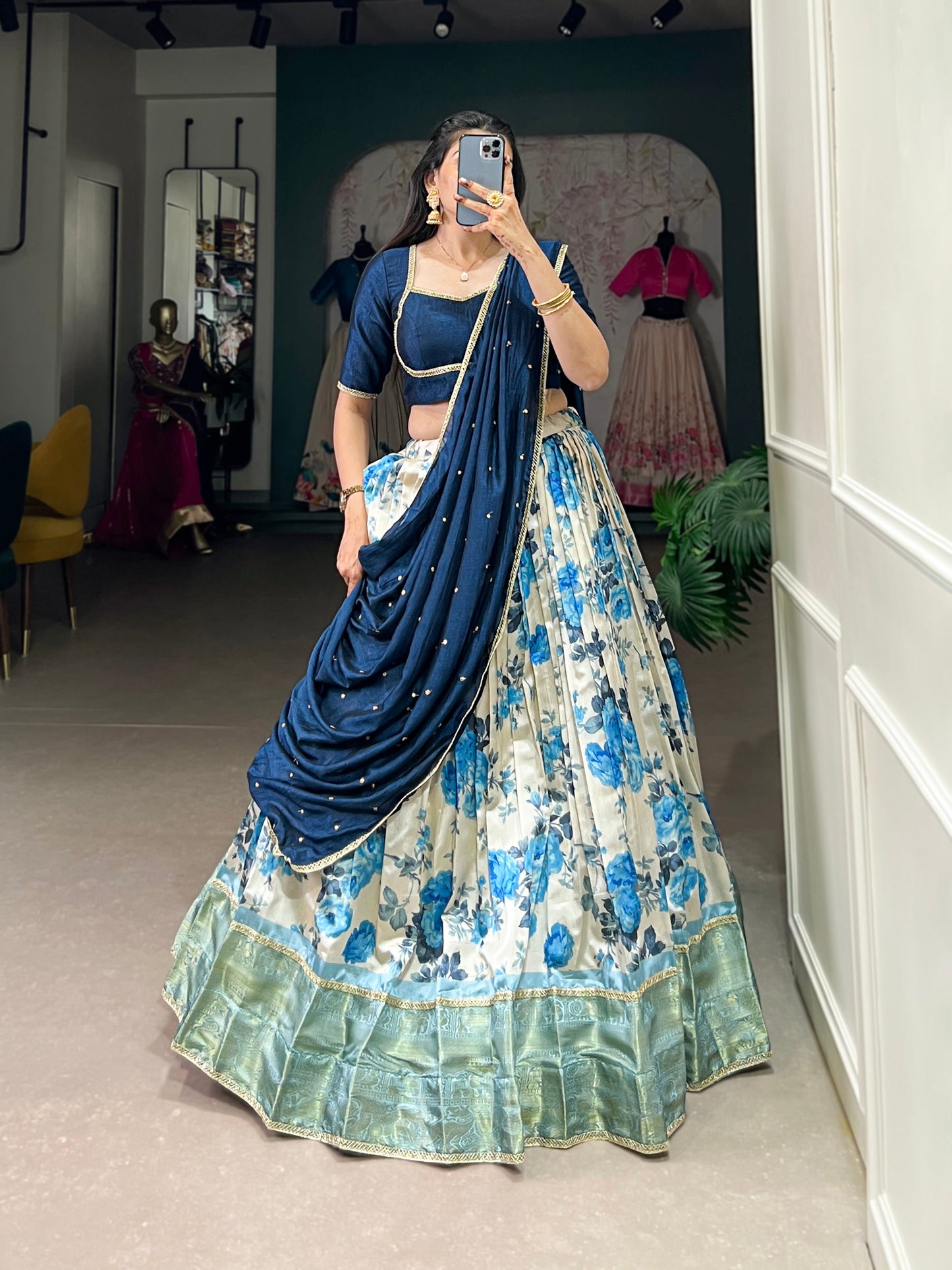 Lorenvalley Blue and White Dola Silk Floral Print And Zari Weaving Work With Lace Touch Up Lehenga Choli | Swadesiicart