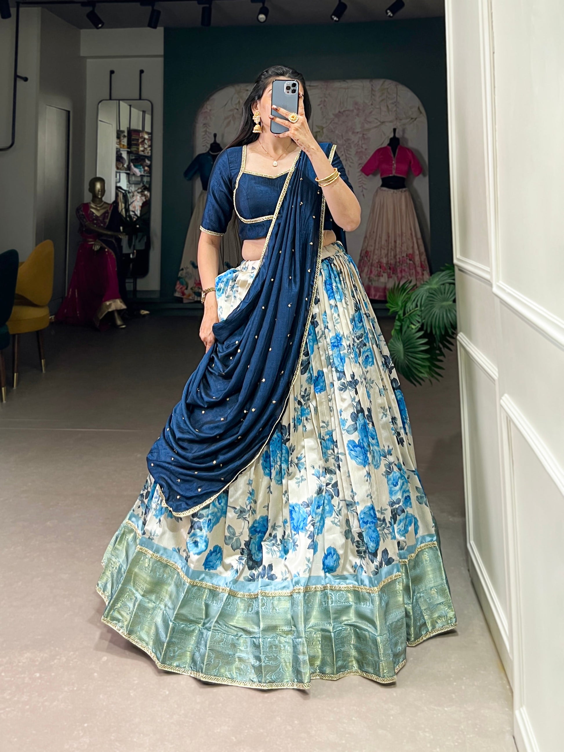 Lorenvalley Blue and White Dola Silk Floral Print And Zari Weaving Work With Lace Touch Up Lehenga Choli | Swadesiicart