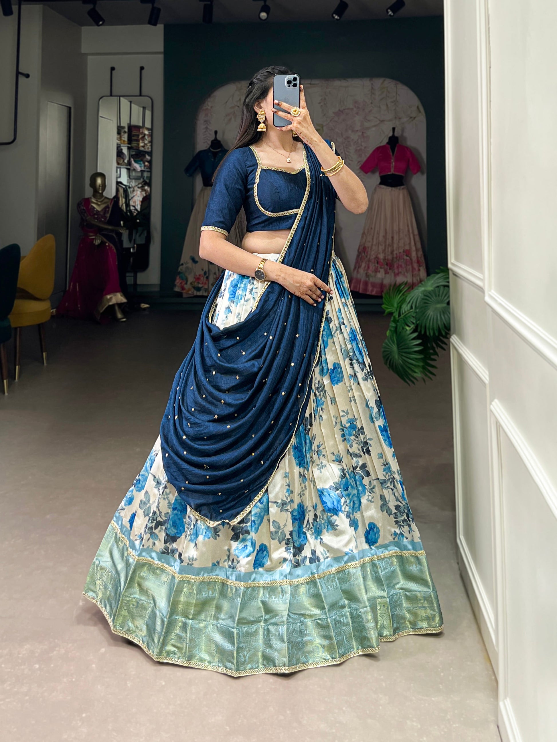 Lorenvalley Blue and White Dola Silk Floral Print And Zari Weaving Work With Lace Touch Up Lehenga Choli | Swadesiicart