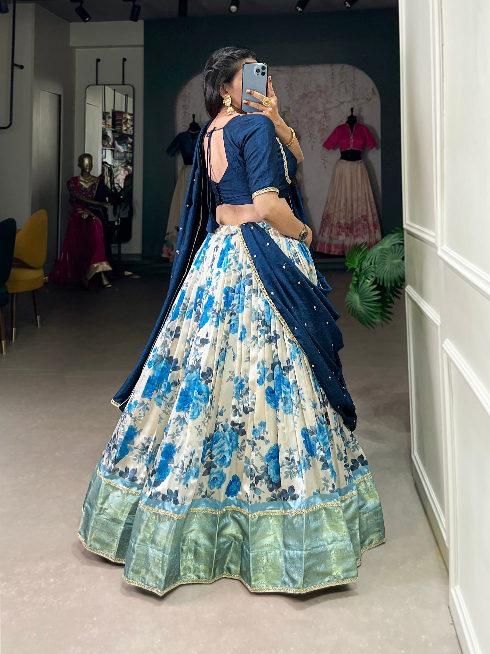 Lorenvalley Blue and White Dola Silk Floral Print And Zari Weaving Work With Lace Touch Up Lehenga Choli | Swadesiicart