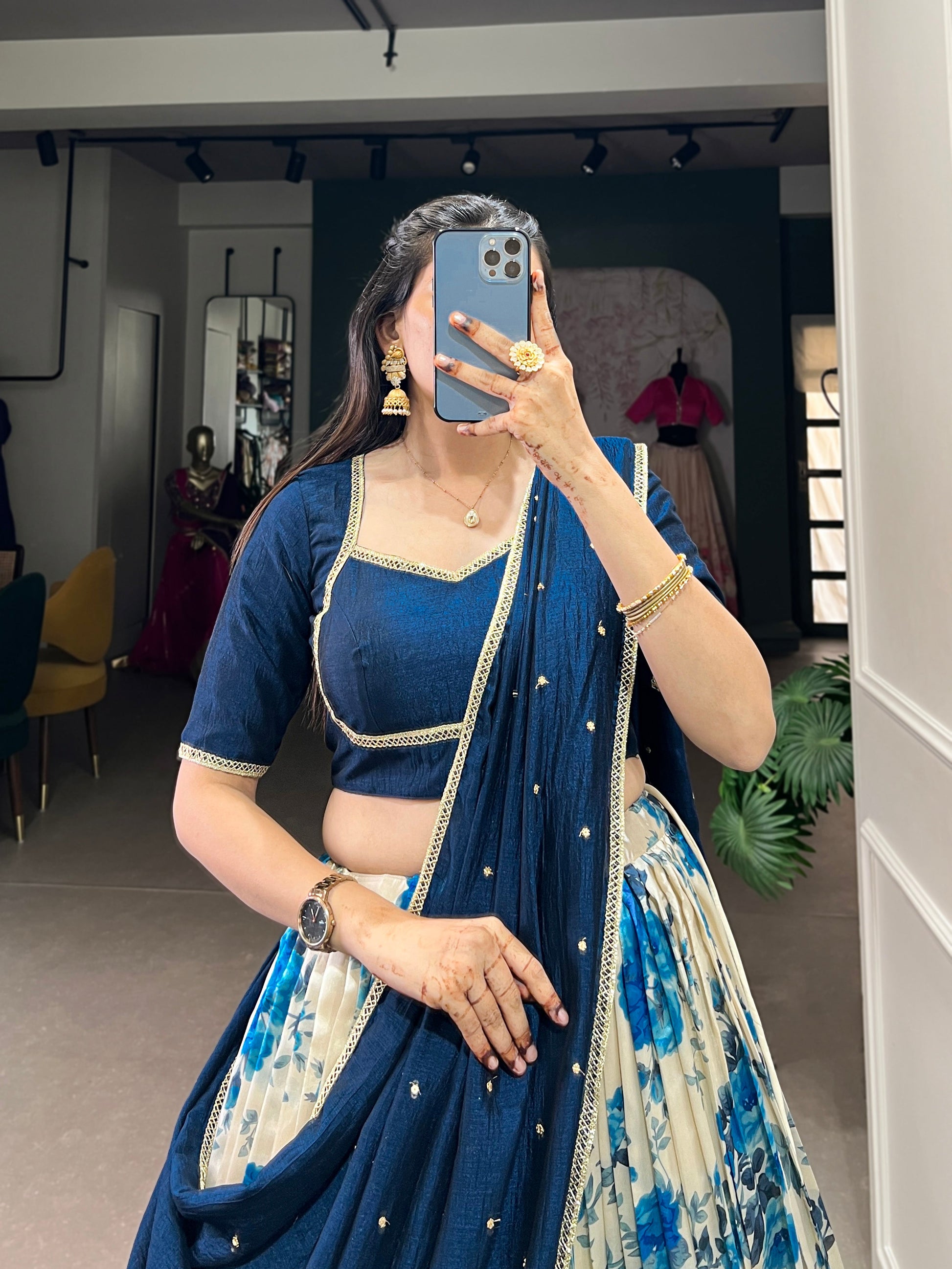 Lorenvalley Blue and White Dola Silk Floral Print And Zari Weaving Work With Lace Touch Up Lehenga Choli | Swadesiicart