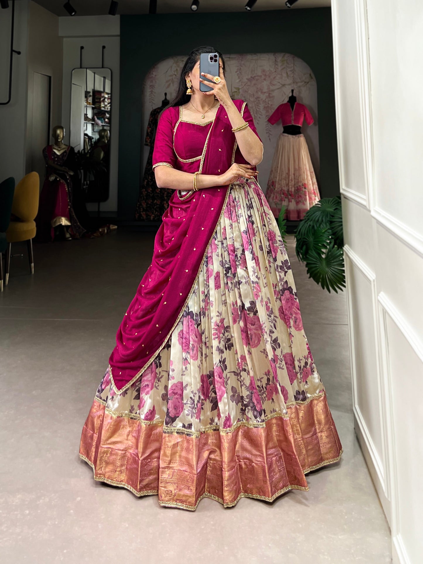 Lorenvalley Ranipink and White Dola Silk Floral Print And Zari Weaving Work With Lace Touch Up Lehenga Choli | Swadesiicart