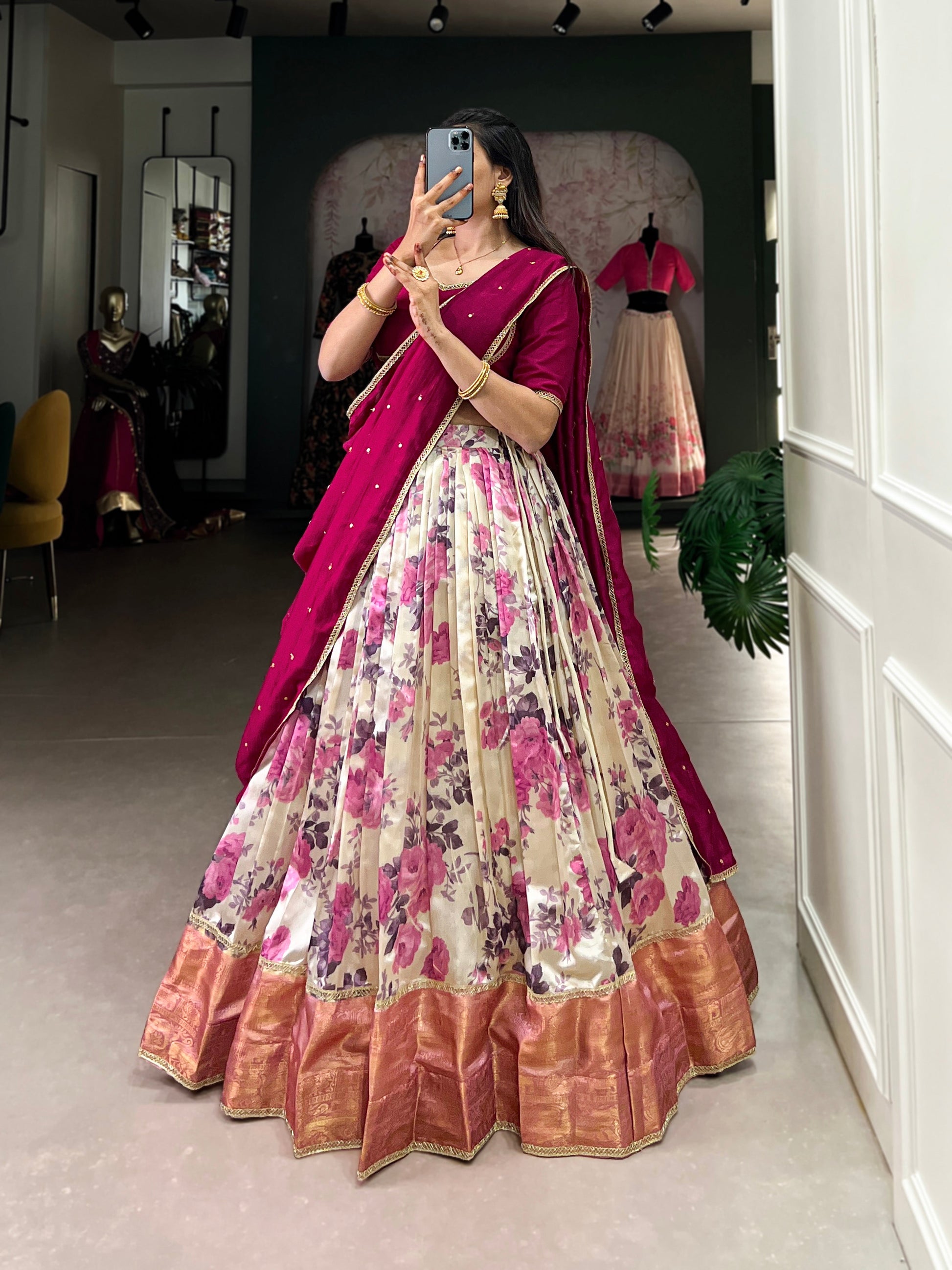 Lorenvalley Ranipink and White Dola Silk Floral Print And Zari Weaving Work With Lace Touch Up Lehenga Choli | Swadesiicart