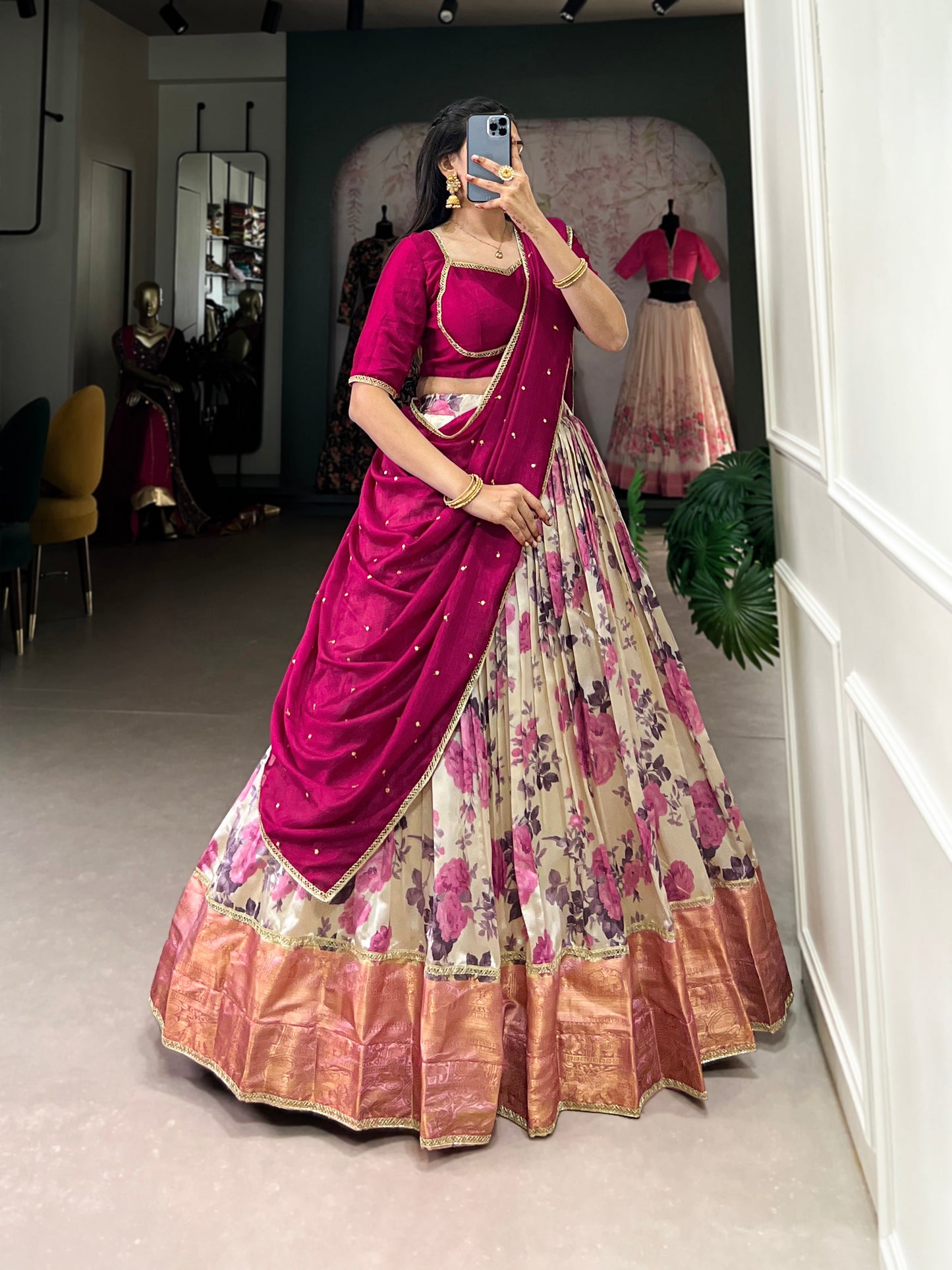 Lorenvalley Ranipink and White Dola Silk Floral Print And Zari Weaving Work With Lace Touch Up Lehenga Choli | Swadesiicart