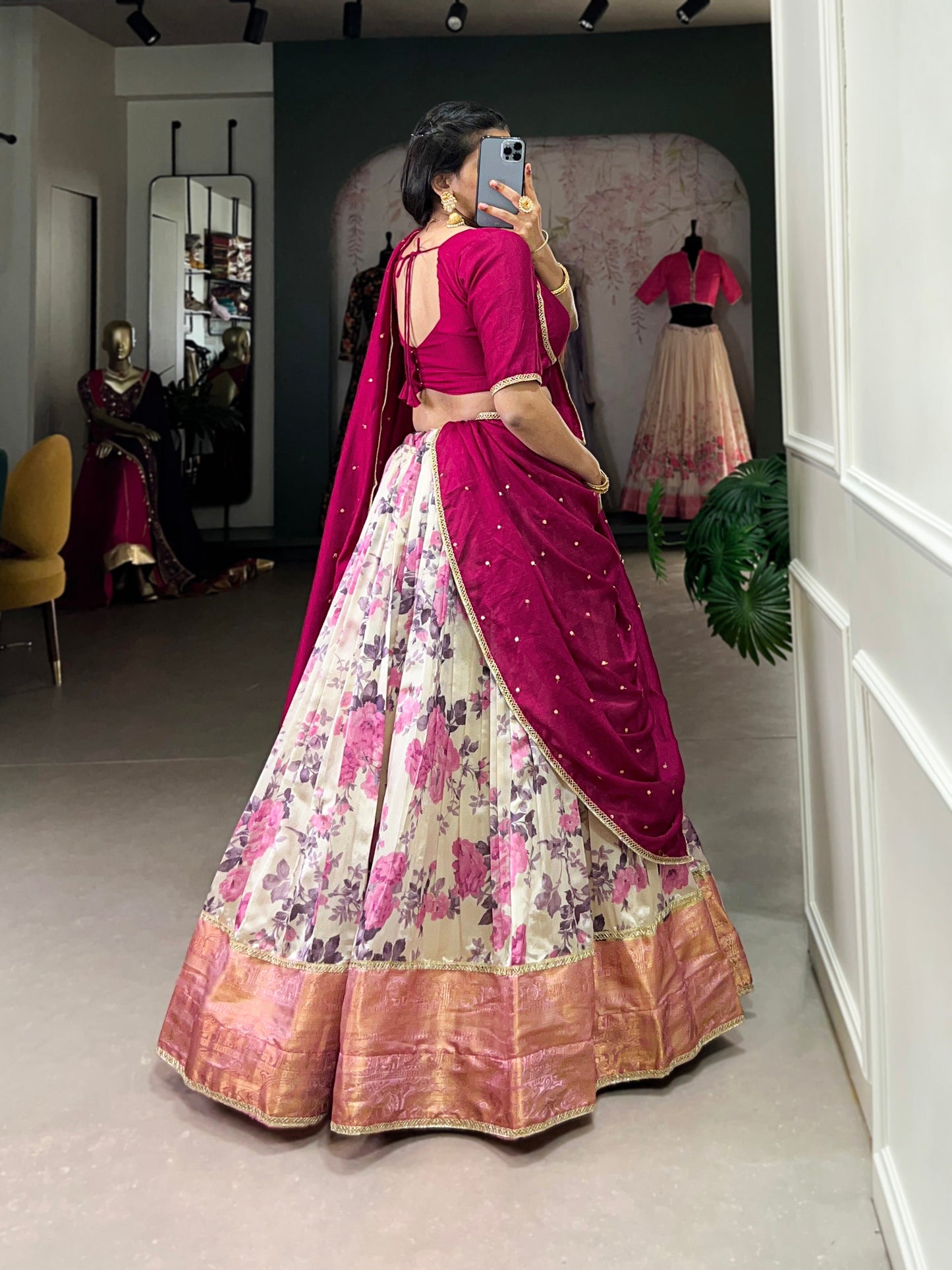 Lorenvalley Ranipink and White Dola Silk Floral Print And Zari Weaving Work With Lace Touch Up Lehenga Choli | Swadesiicart
