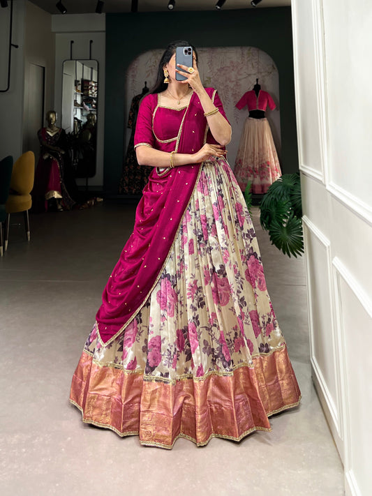 Lorenvalley Ranipink and White Dola Silk Floral Print And Zari Weaving Work With Lace Touch Up Lehenga Choli | Swadesiicart
