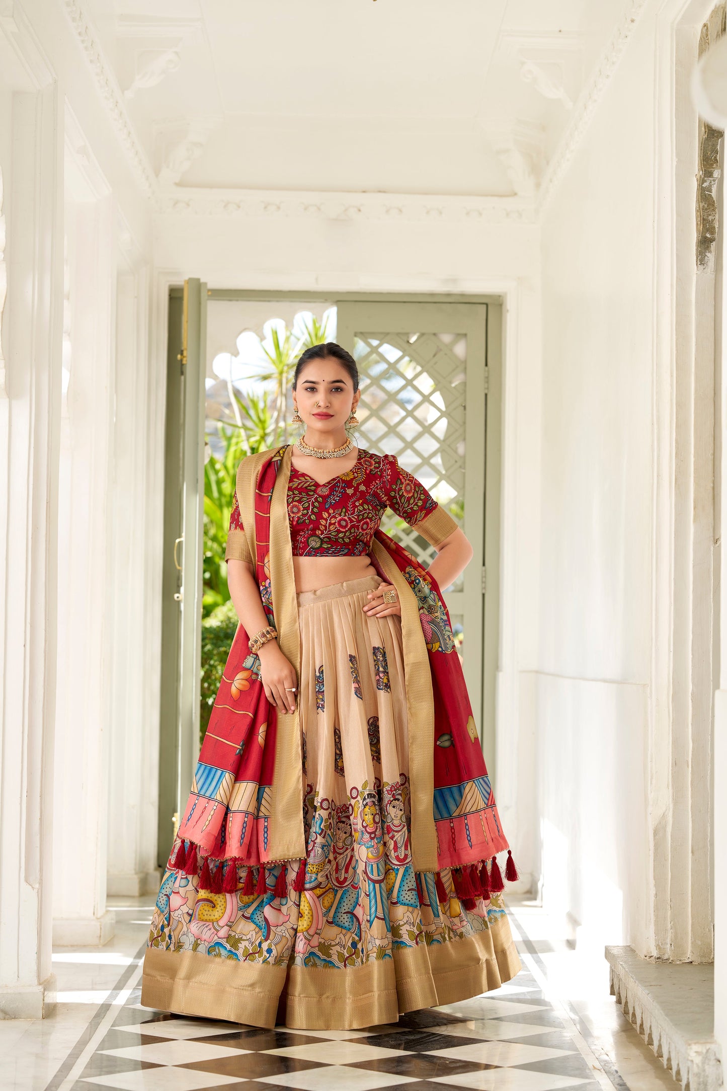 Lorenvalley Cream Dola Silk Kalamkari Print With Weaving Border Lehenga Choli | Swadesiicart