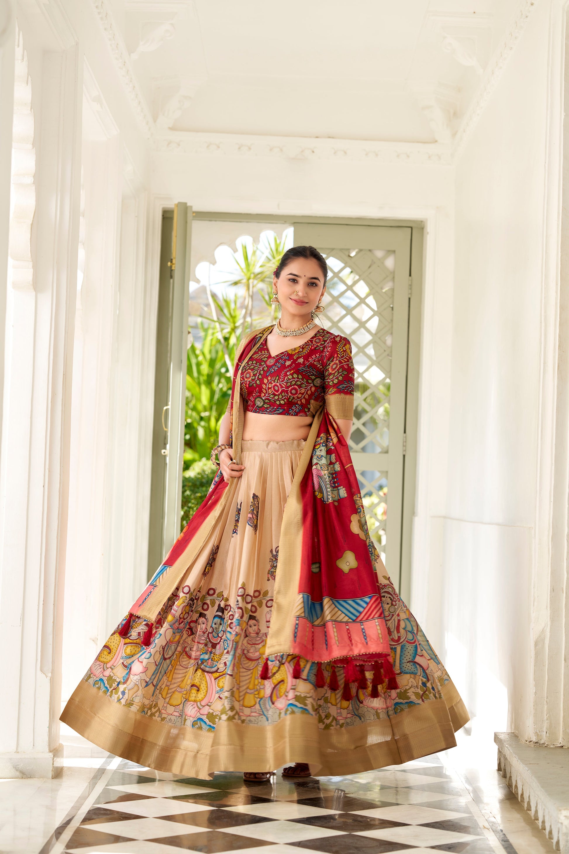 Lorenvalley Cream Dola Silk Kalamkari Print With Weaving Border Lehenga Choli | Swadesiicart