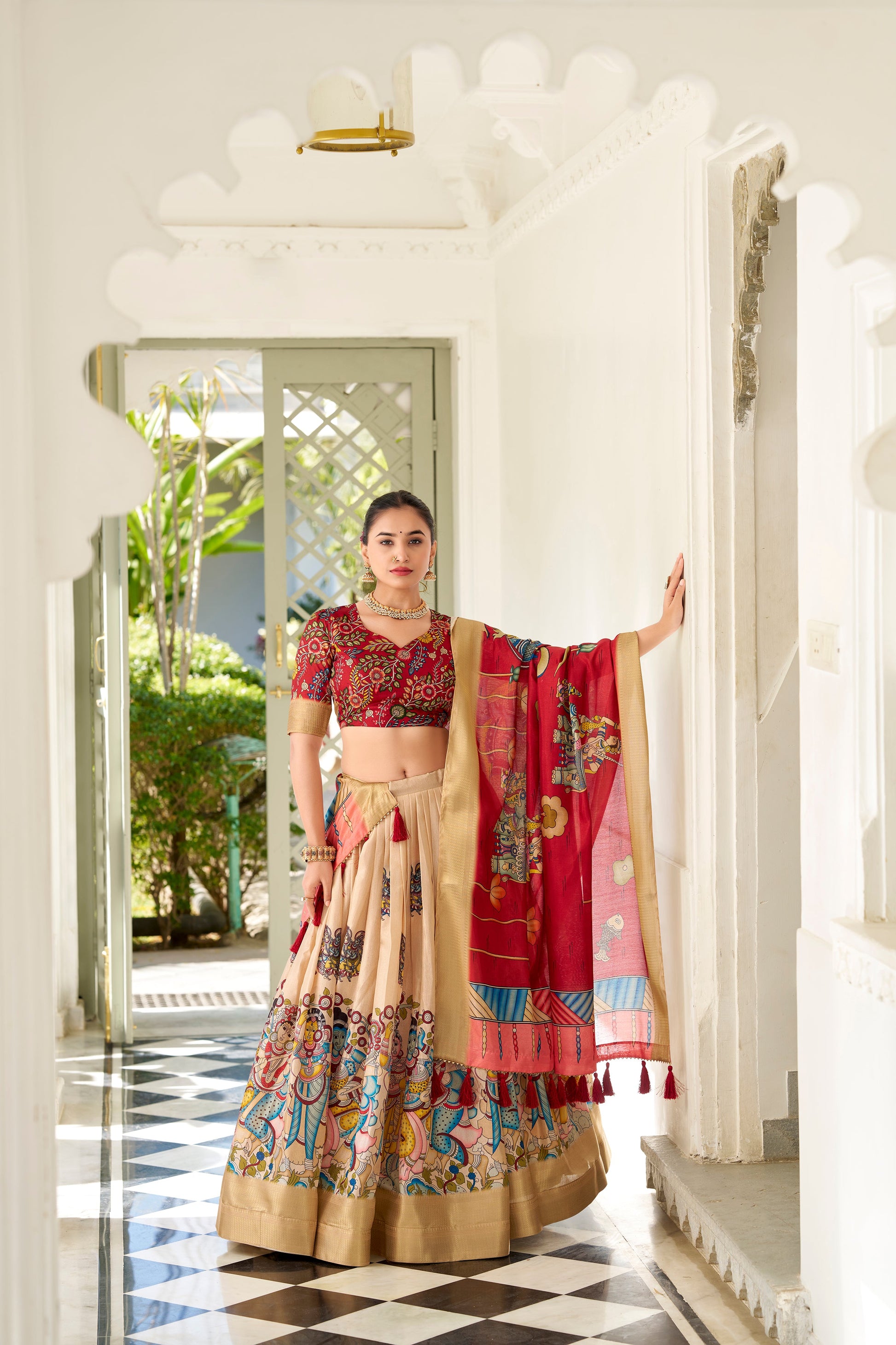 Lorenvalley Cream Dola Silk Kalamkari Print With Weaving Border Lehenga Choli | Swadesiicart