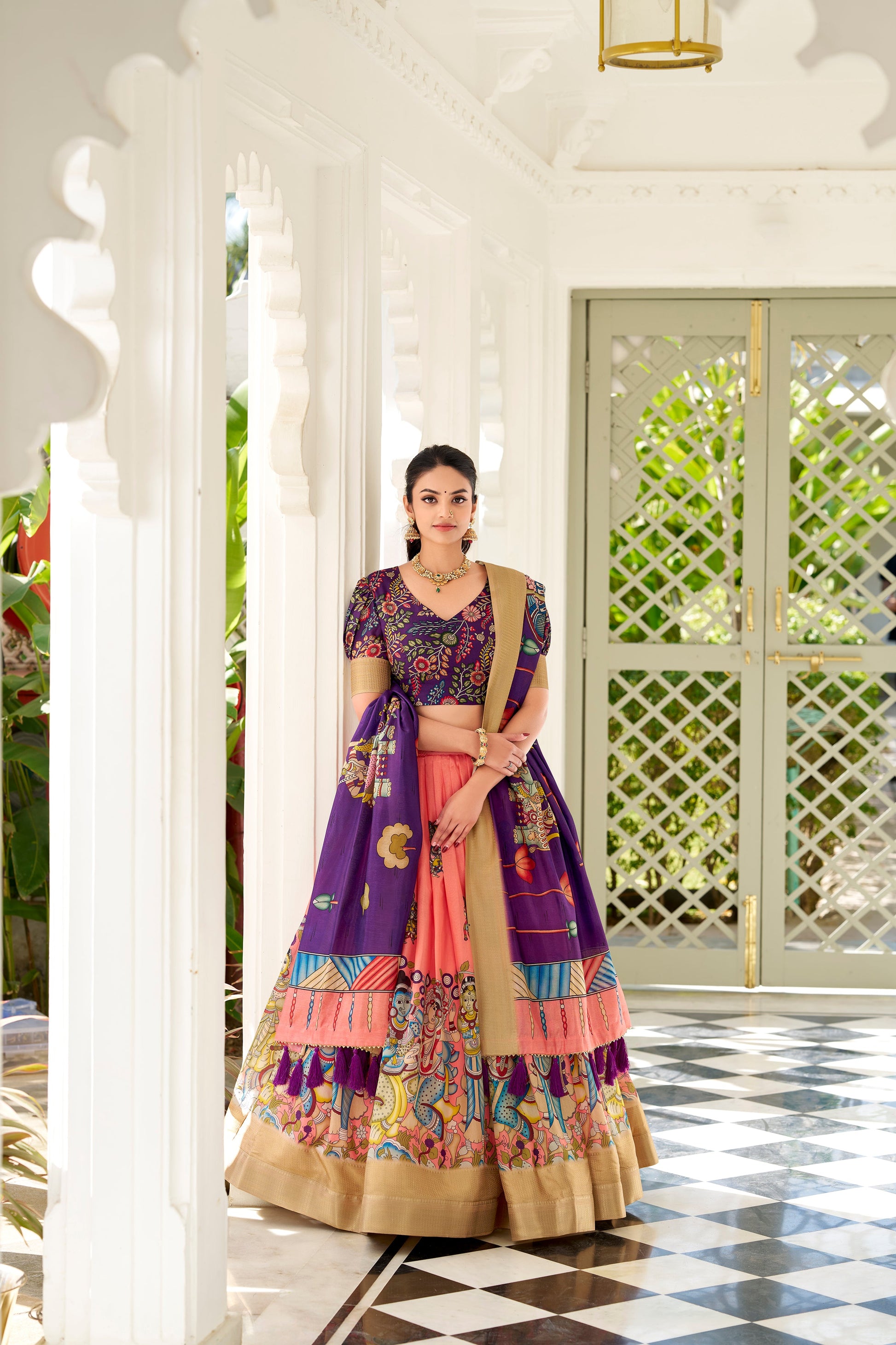 Lorenvalley Peach Dola Silk Kalamkari Print With Weaving Border Lehenga Choli | Swadesiicart