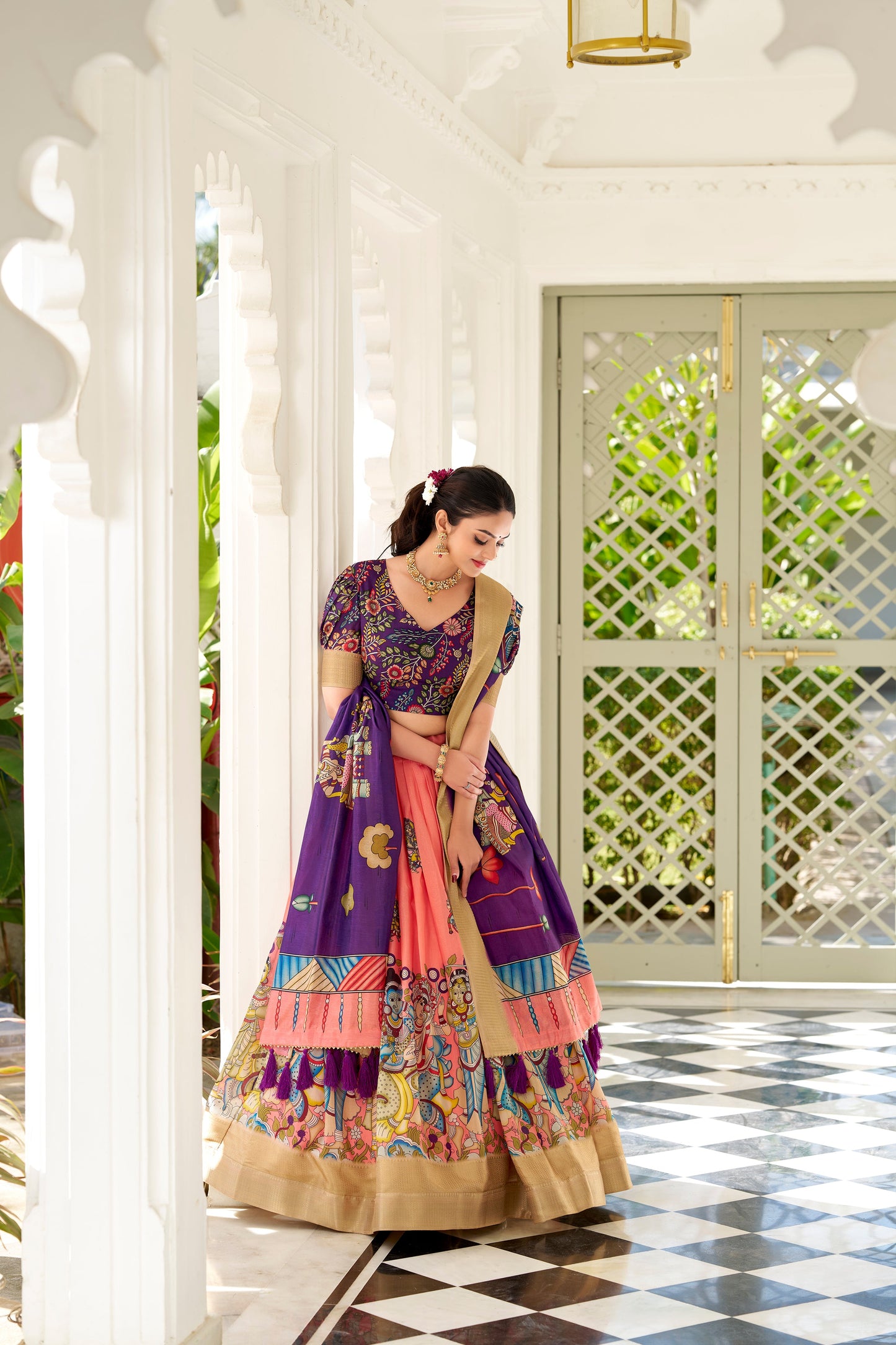 Lorenvalley Peach Dola Silk Kalamkari Print With Weaving Border Lehenga Choli | Swadesiicart