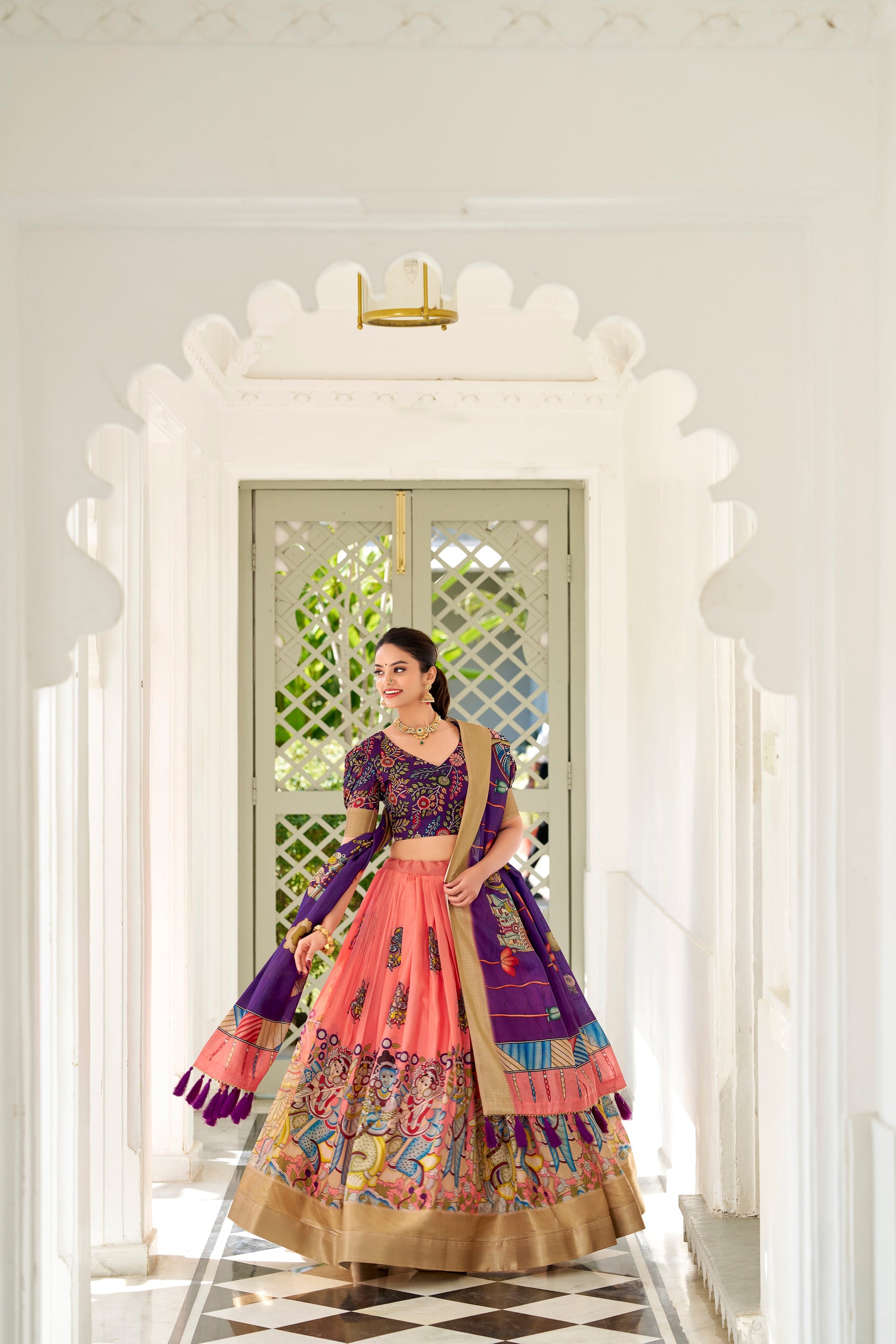 Lorenvalley Peach Dola Silk Kalamkari Print With Weaving Border Lehenga Choli | Swadesiicart