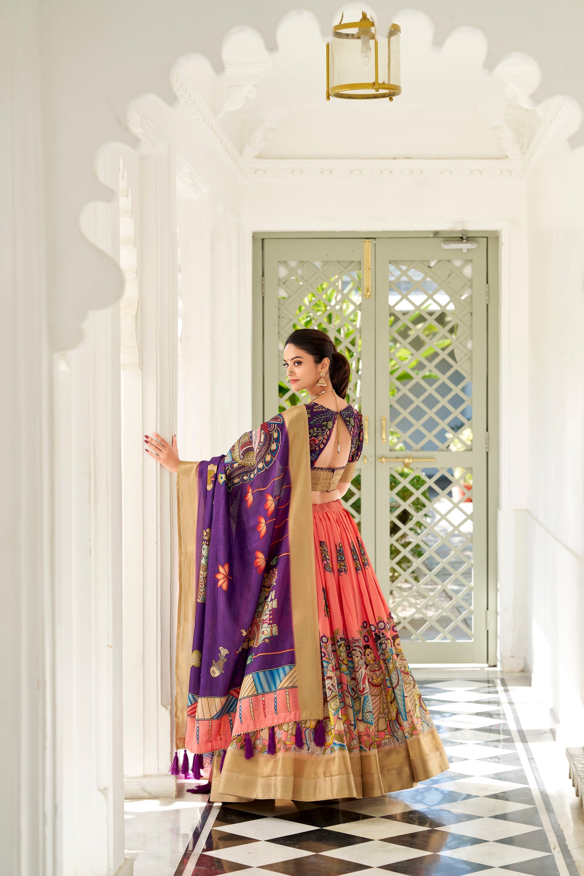 Lorenvalley Peach Dola Silk Kalamkari Print With Weaving Border Lehenga Choli | Swadesiicart