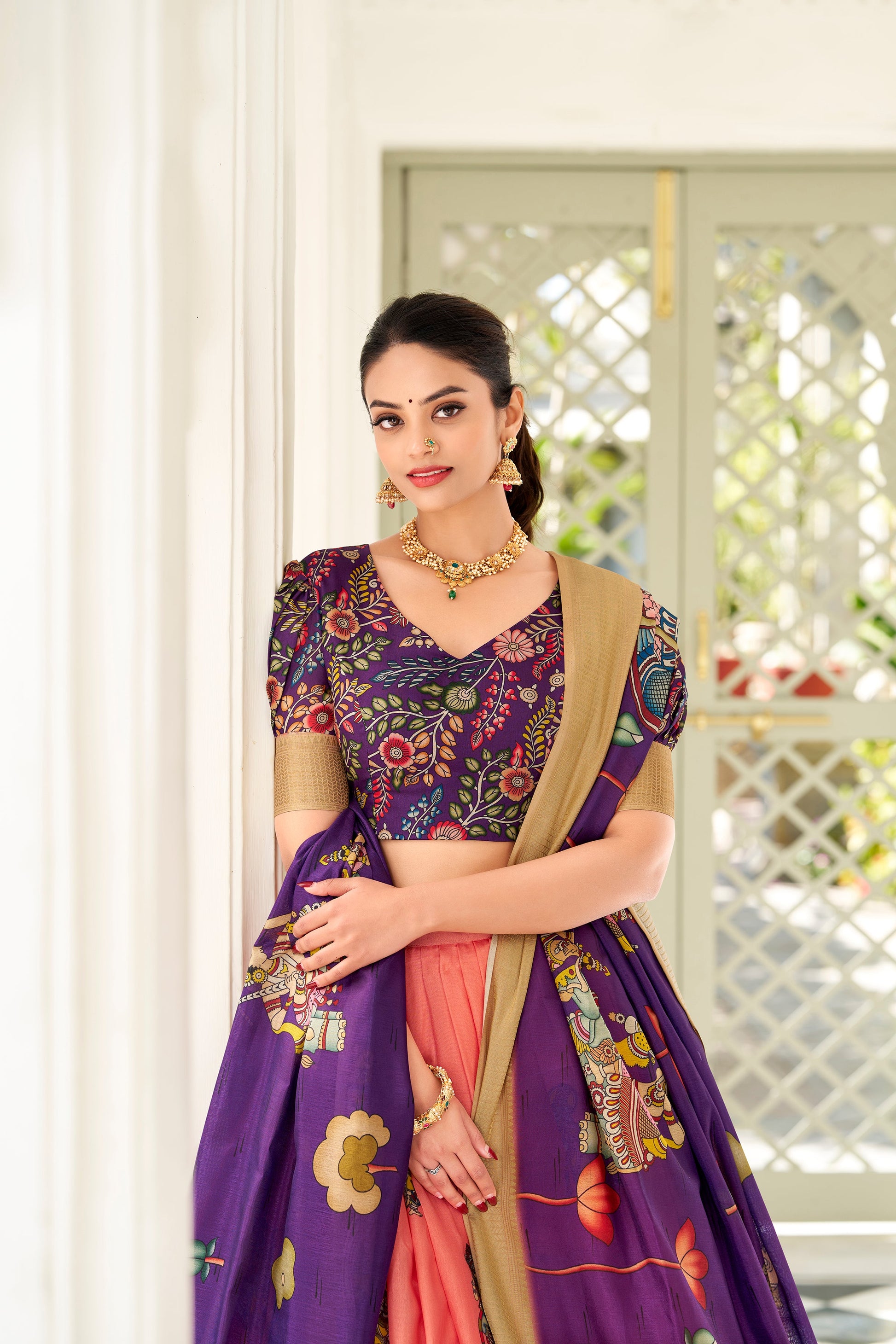 Lorenvalley Peach Dola Silk Kalamkari Print With Weaving Border Lehenga Choli | Swadesiicart