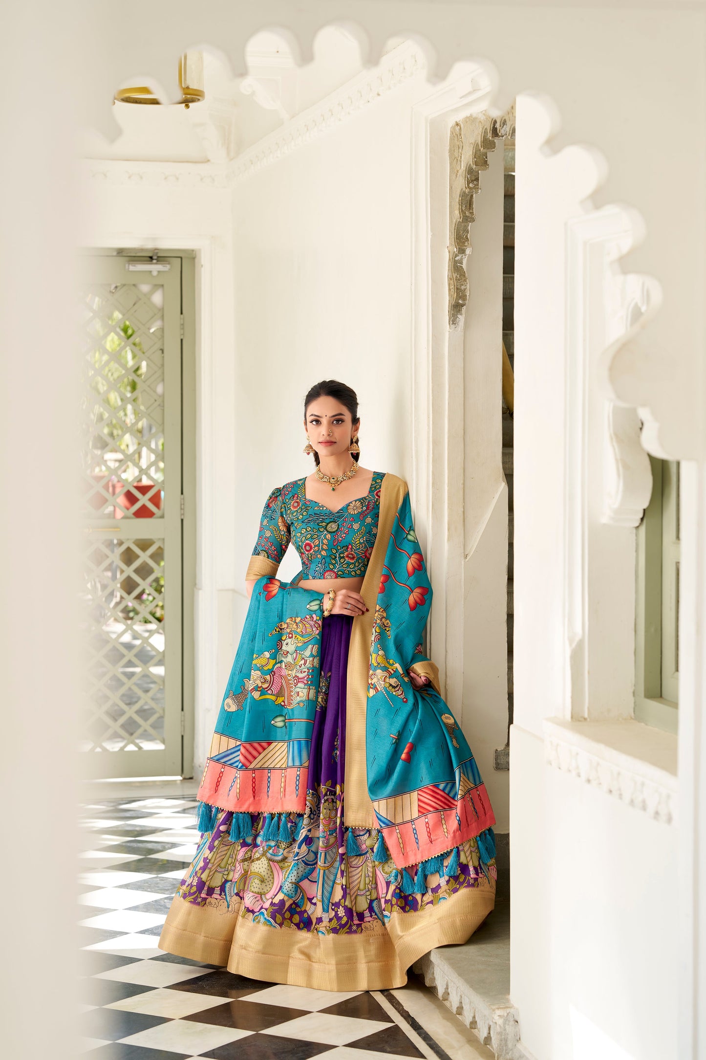 Lorenvalley Purple Dola Silk Kalamkari Print With Weaving Border Lehenga Choli | Swadesiicart