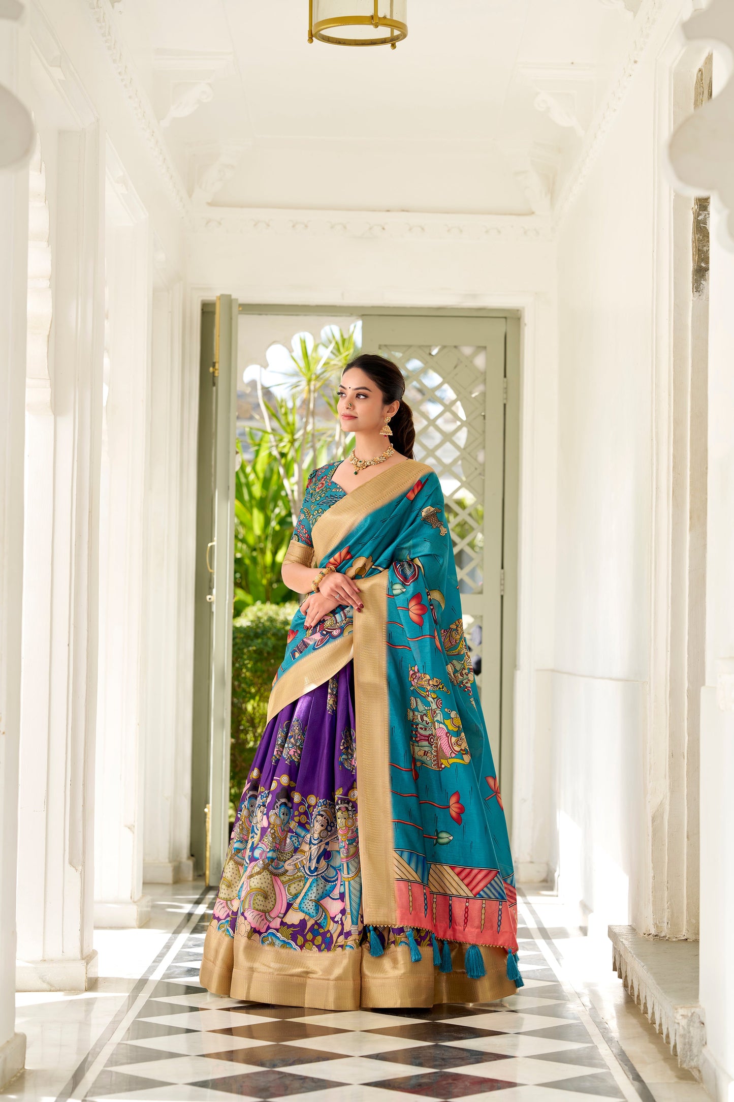 Lorenvalley Purple Dola Silk Kalamkari Print With Weaving Border Lehenga Choli | Swadesiicart
