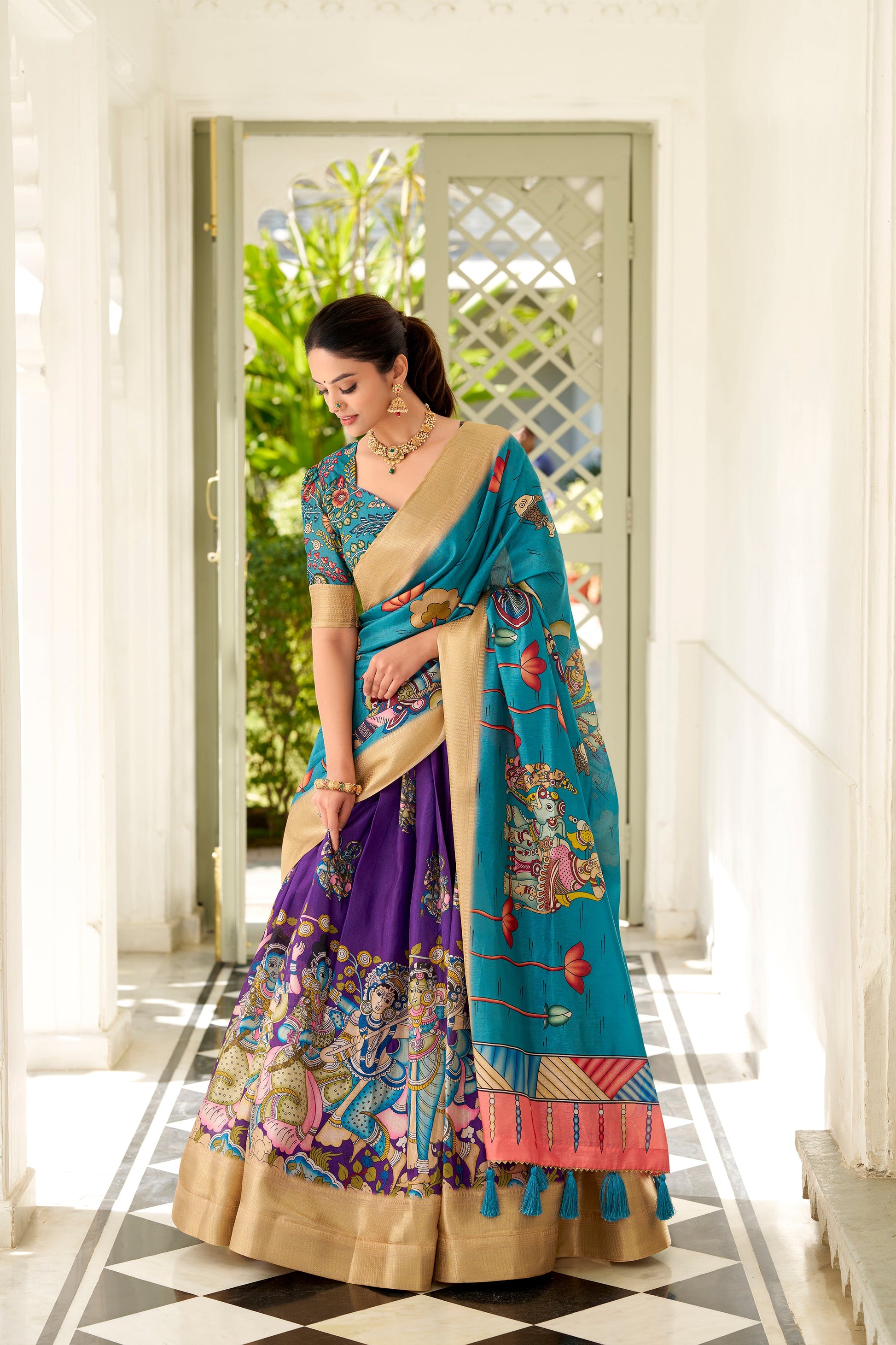 Lorenvalley Purple Dola Silk Kalamkari Print With Weaving Border Lehenga Choli | Swadesiicart