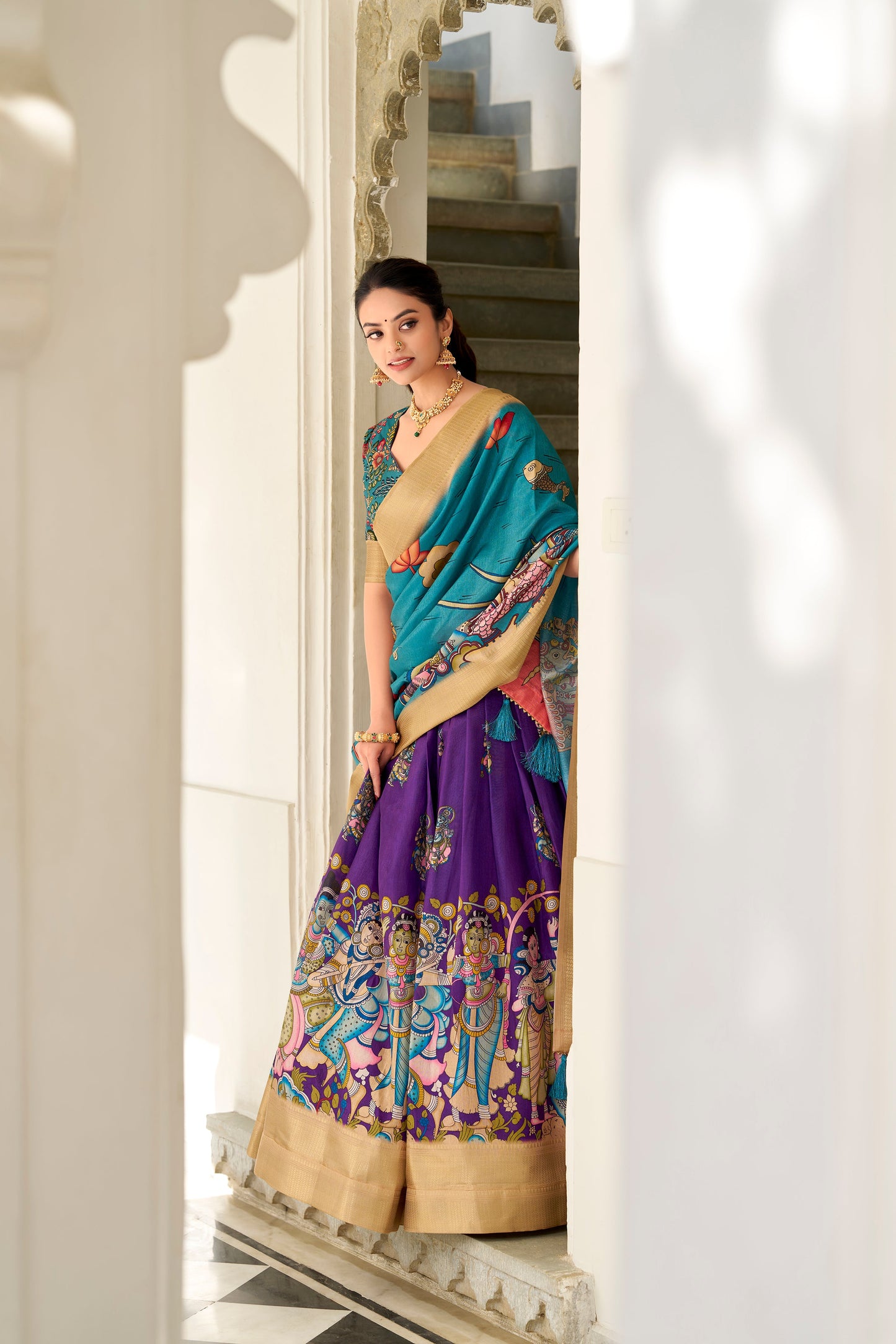 Lorenvalley Purple Dola Silk Kalamkari Print With Weaving Border Lehenga Choli | Swadesiicart
