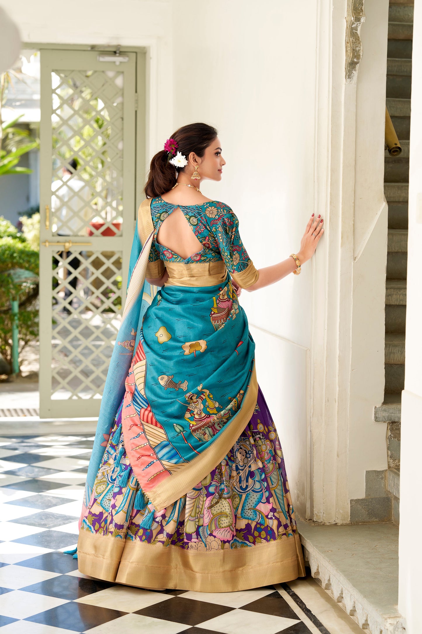 Lorenvalley Purple Dola Silk Kalamkari Print With Weaving Border Lehenga Choli | Swadesiicart