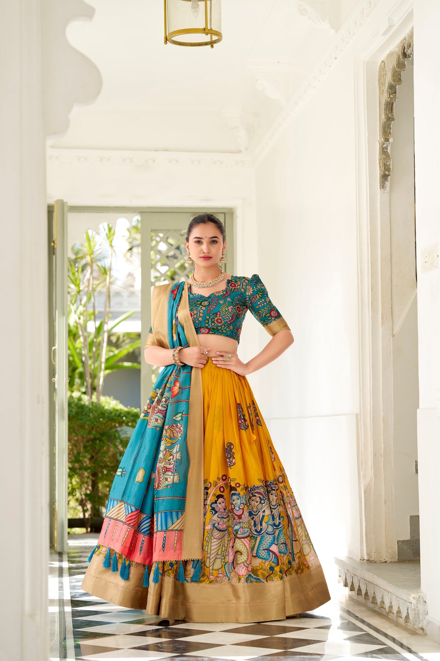 Lorenvalley Yellow Dola Silk Kalamkari Print With Weaving Border Lehenga Choli - Swadesiicart