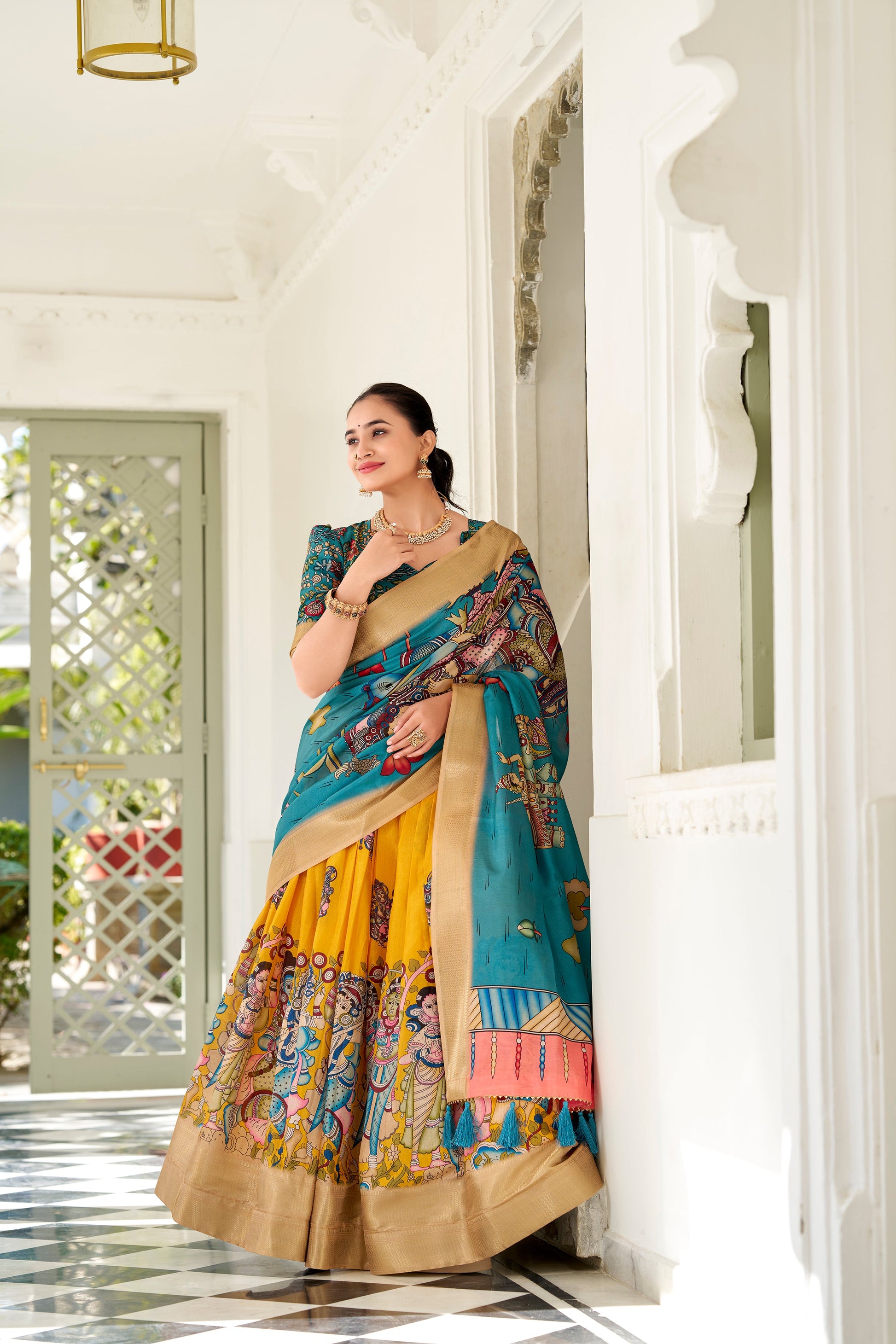 Lorenvalley Yellow Dola Silk Kalamkari Print With Weaving Border Lehenga Choli - Swadesiicart