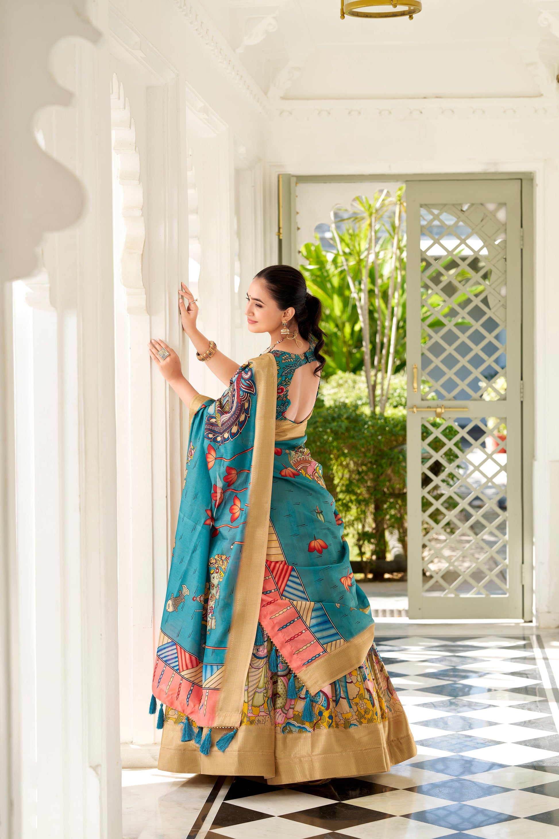 Lorenvalley Yellow Dola Silk Kalamkari Print With Weaving Border Lehenga Choli - Swadesiicart
