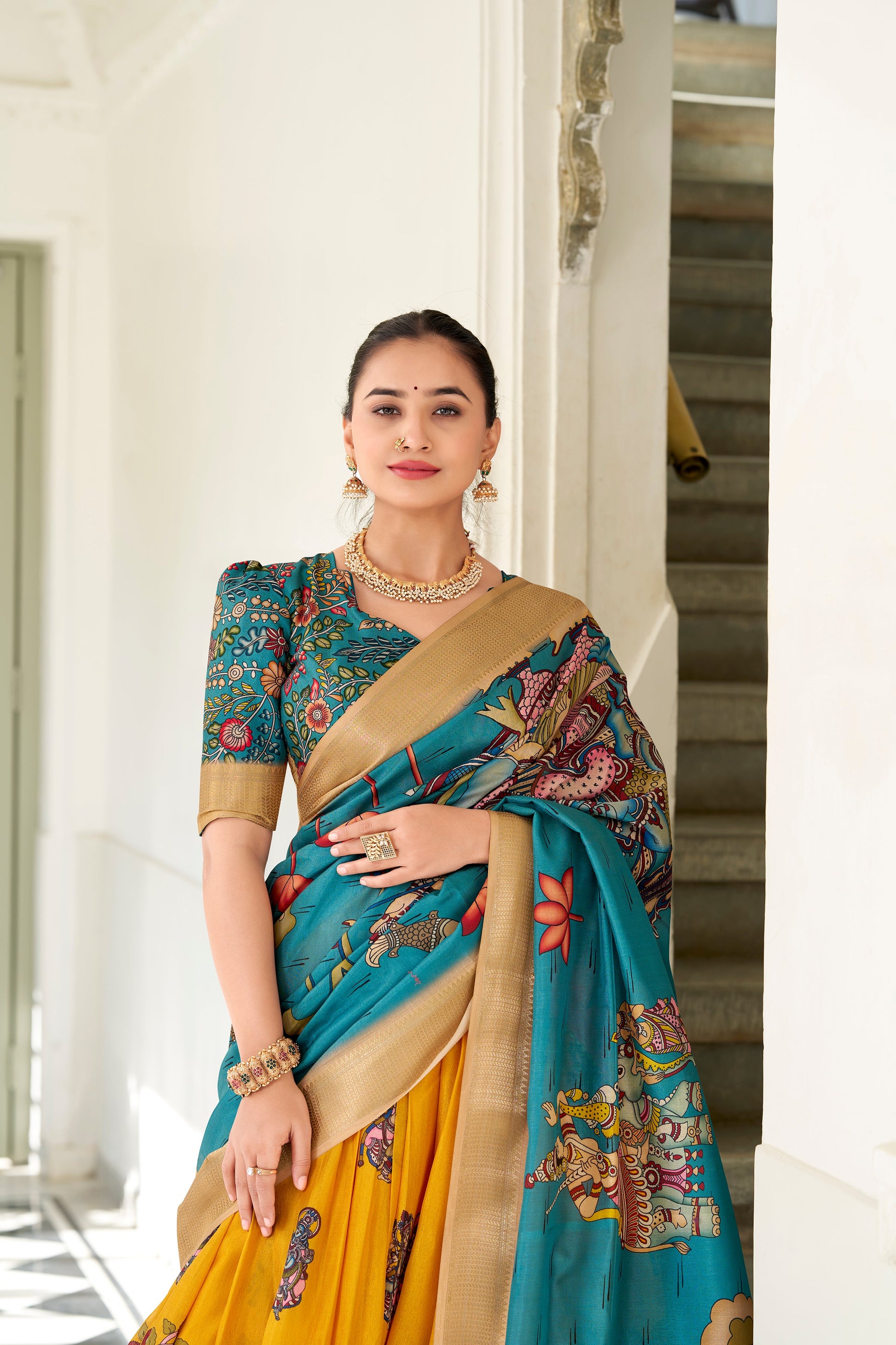 Lorenvalley Yellow Dola Silk Kalamkari Print With Weaving Border Lehenga Choli - Swadesiicart