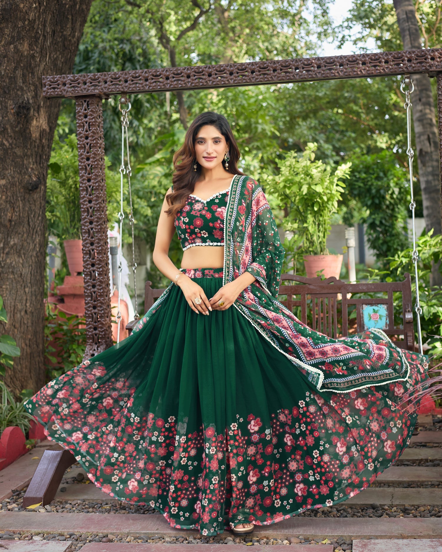 Lorenvalley Fashion Green Georgette Digital Printed Lehenga Choli with Dupatta - Swadesiicart