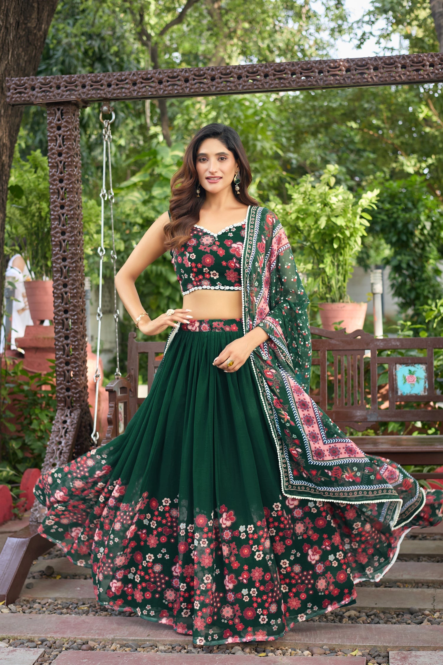 Lorenvalley Fashion Green Georgette Digital Printed Lehenga Choli with Dupatta - Swadesiicart