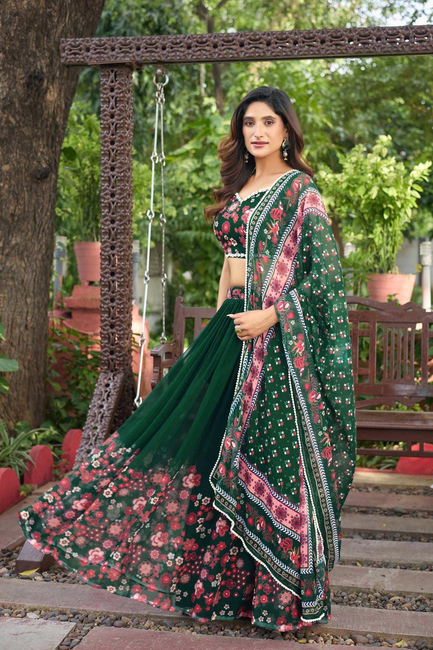 Lorenvalley Fashion Green Georgette Digital Printed Lehenga Choli with Dupatta - Swadesiicart