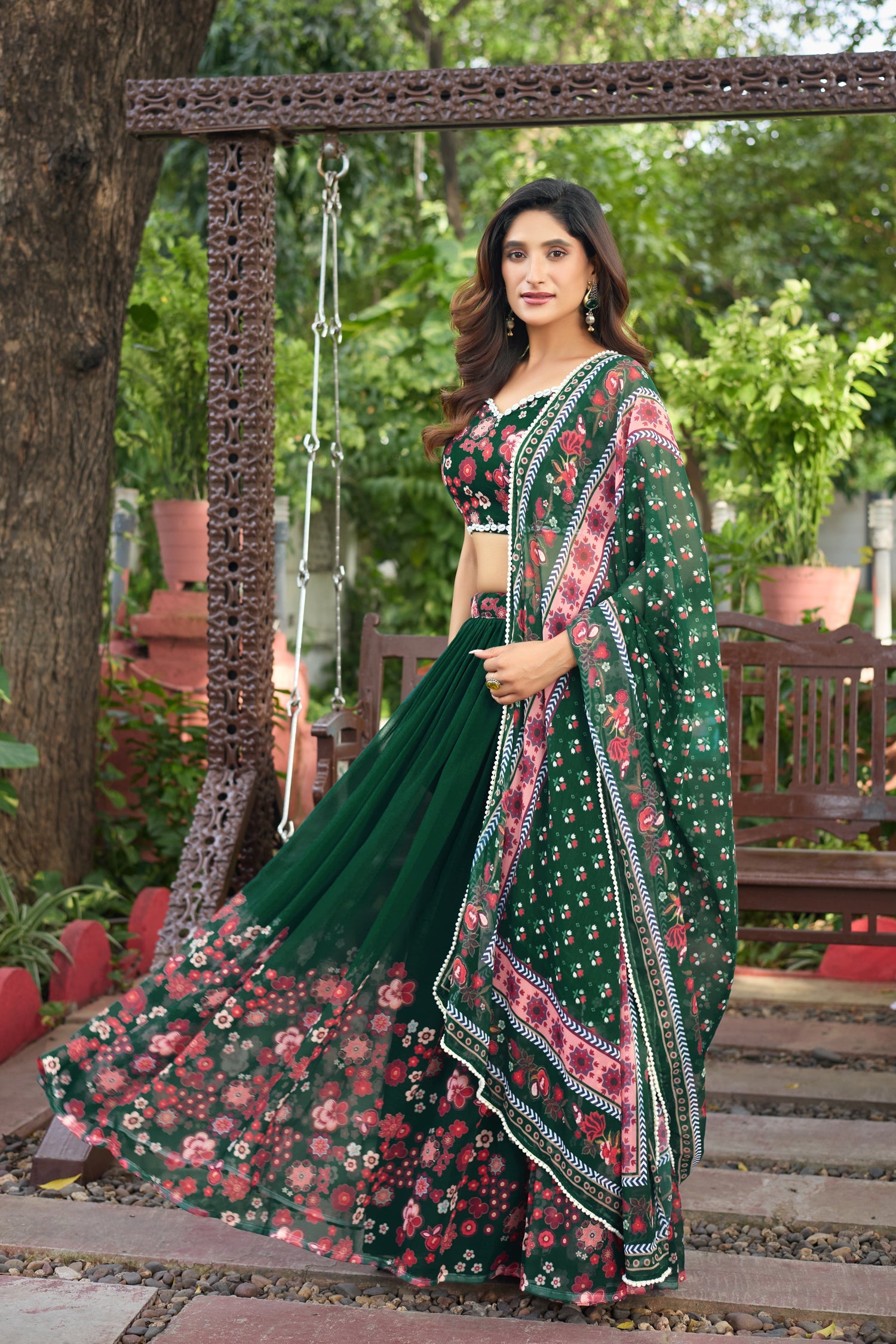 Lorenvalley Fashion Green Georgette Digital Printed Lehenga Choli with Dupatta - Swadesiicart