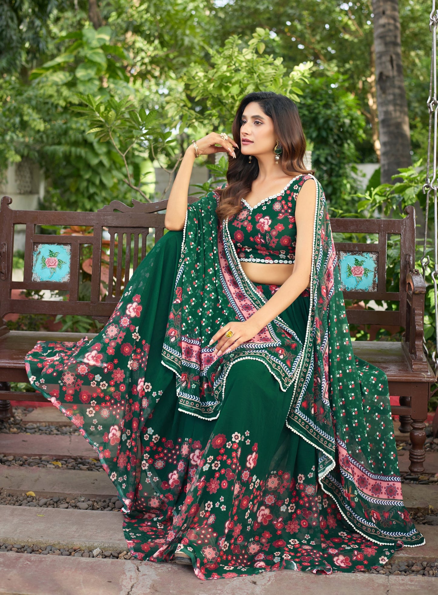 Lorenvalley Fashion Green Georgette Digital Printed Lehenga Choli with Dupatta - Swadesiicart