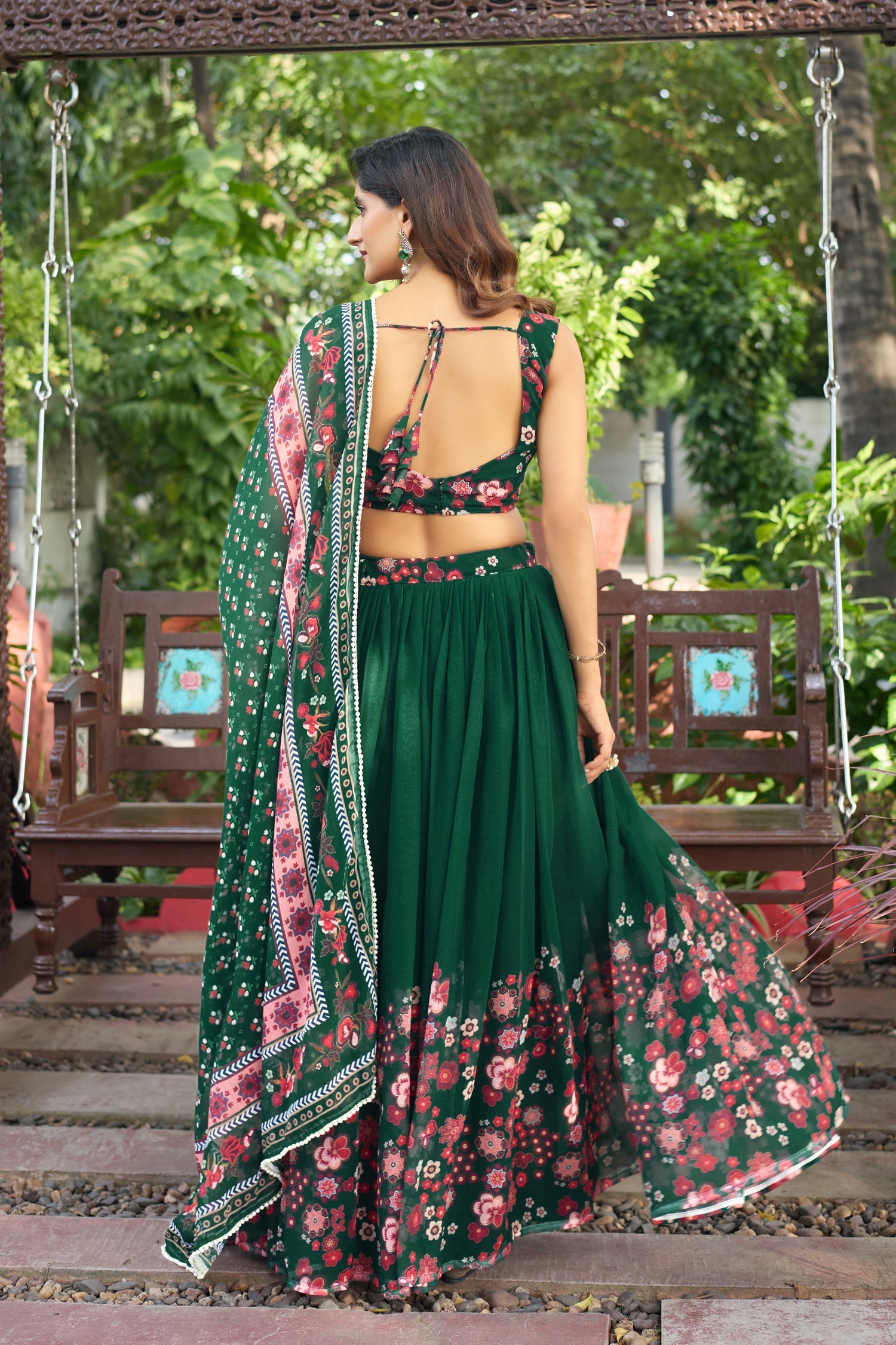 Lorenvalley Fashion Green Georgette Digital Printed Lehenga Choli with Dupatta - Swadesiicart