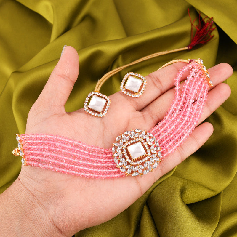 Tehzeeb Creations Brass Gold-Polished Gold, Pink, White Jewel Set - Swadesiicart