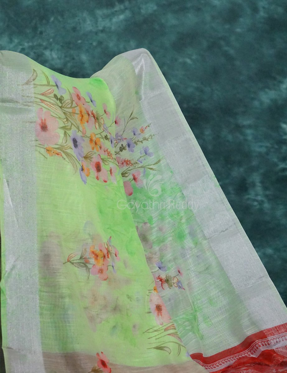 Baby Apple Green Colour Floral Printed Semi Chanderi Saree By Gayathri Reddy Designer Studio | Swadesiicart