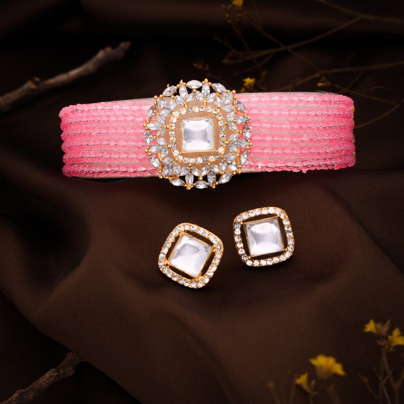 Tehzeeb Creations Brass Gold-Polished Gold, Pink, White Jewel Set - Swadesiicart