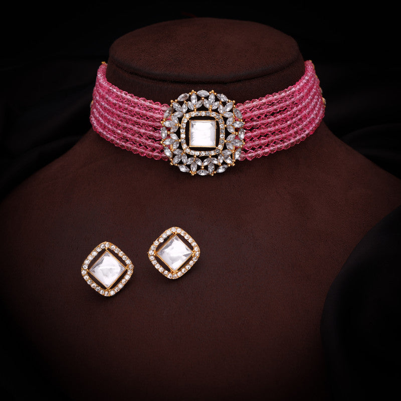 Tehzeeb Creations Brass Gold-Polished Gold, Pink, White Jewel Set - Swadesiicart