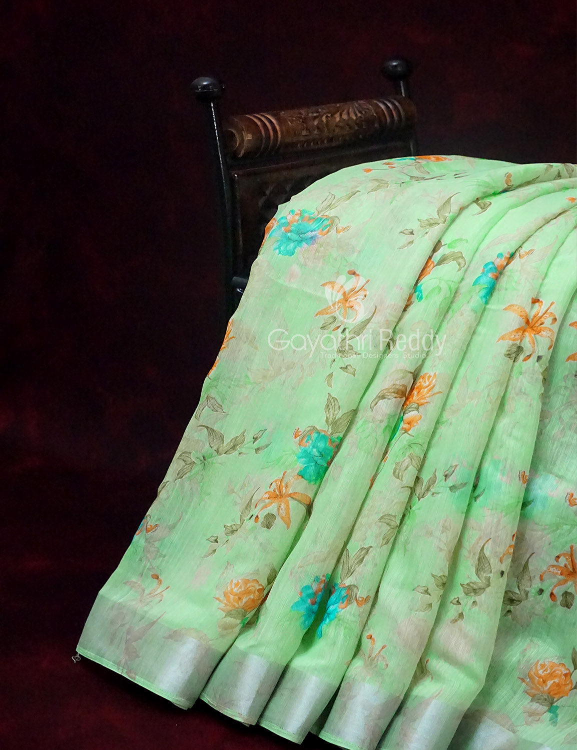 Shades of Apple Green With Turquoise Green Blouse Floral Design Semi Chanderi Saree By Gayathri Reddy Designer Studio | Swadesiicart