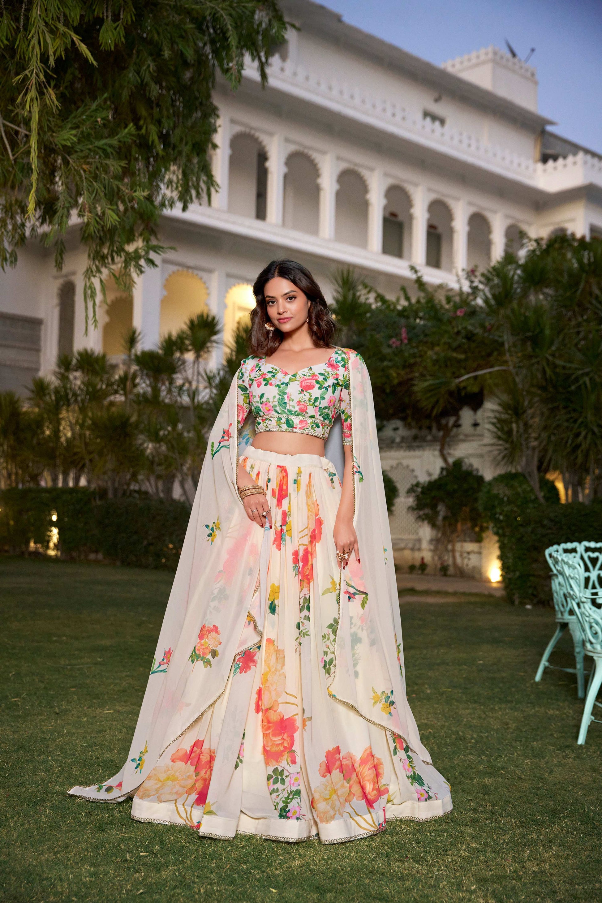 Lorenvalley Fashion Cream Georgette Floral Print With Lace Border Lehenga Choli with Dupatta - Swadesiicart