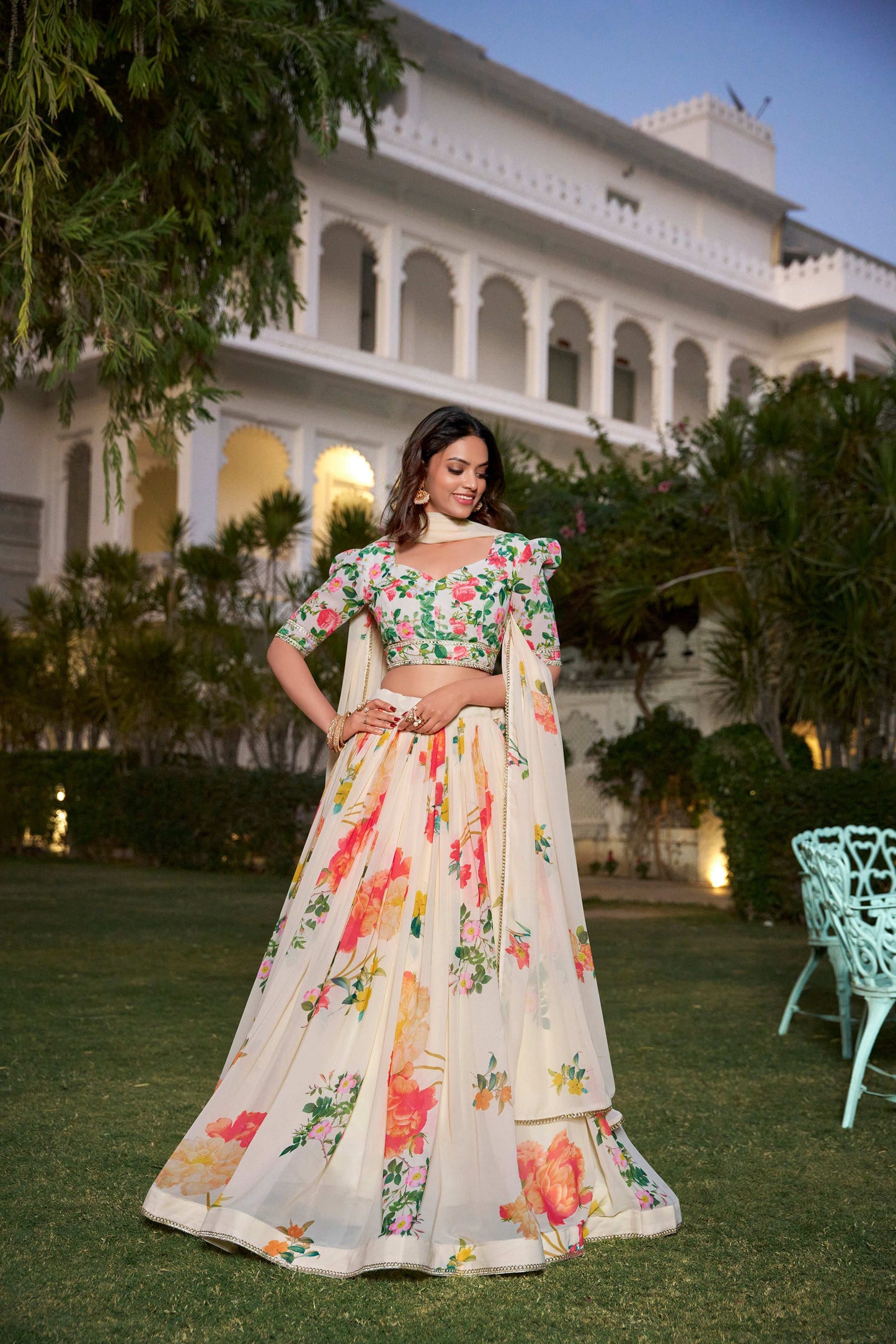 Lorenvalley Fashion Cream Georgette Floral Print With Lace Border Lehenga Choli with Dupatta - Swadesiicart