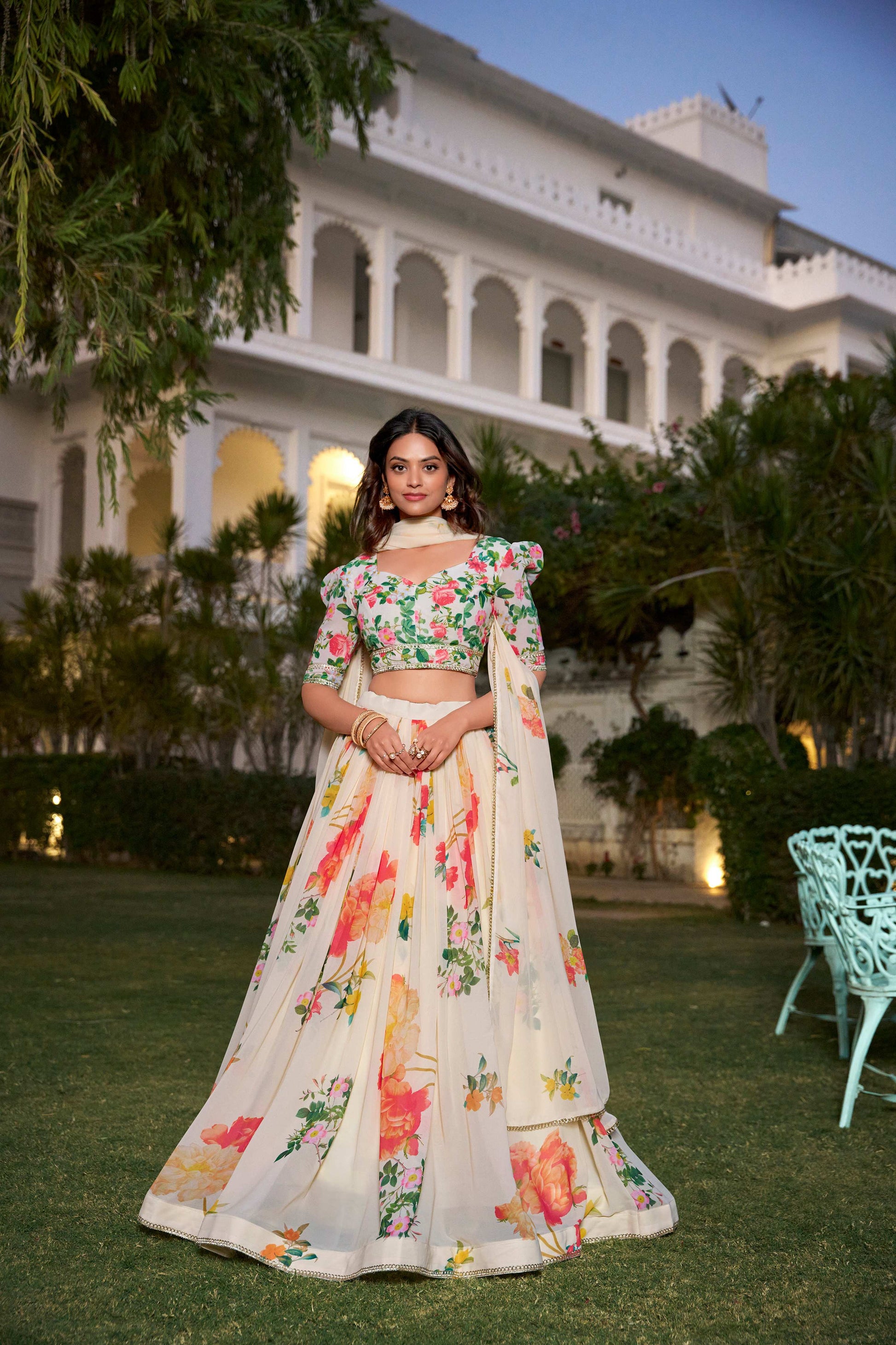 Lorenvalley Fashion Cream Georgette Floral Print With Lace Border Lehenga Choli with Dupatta - Swadesiicart