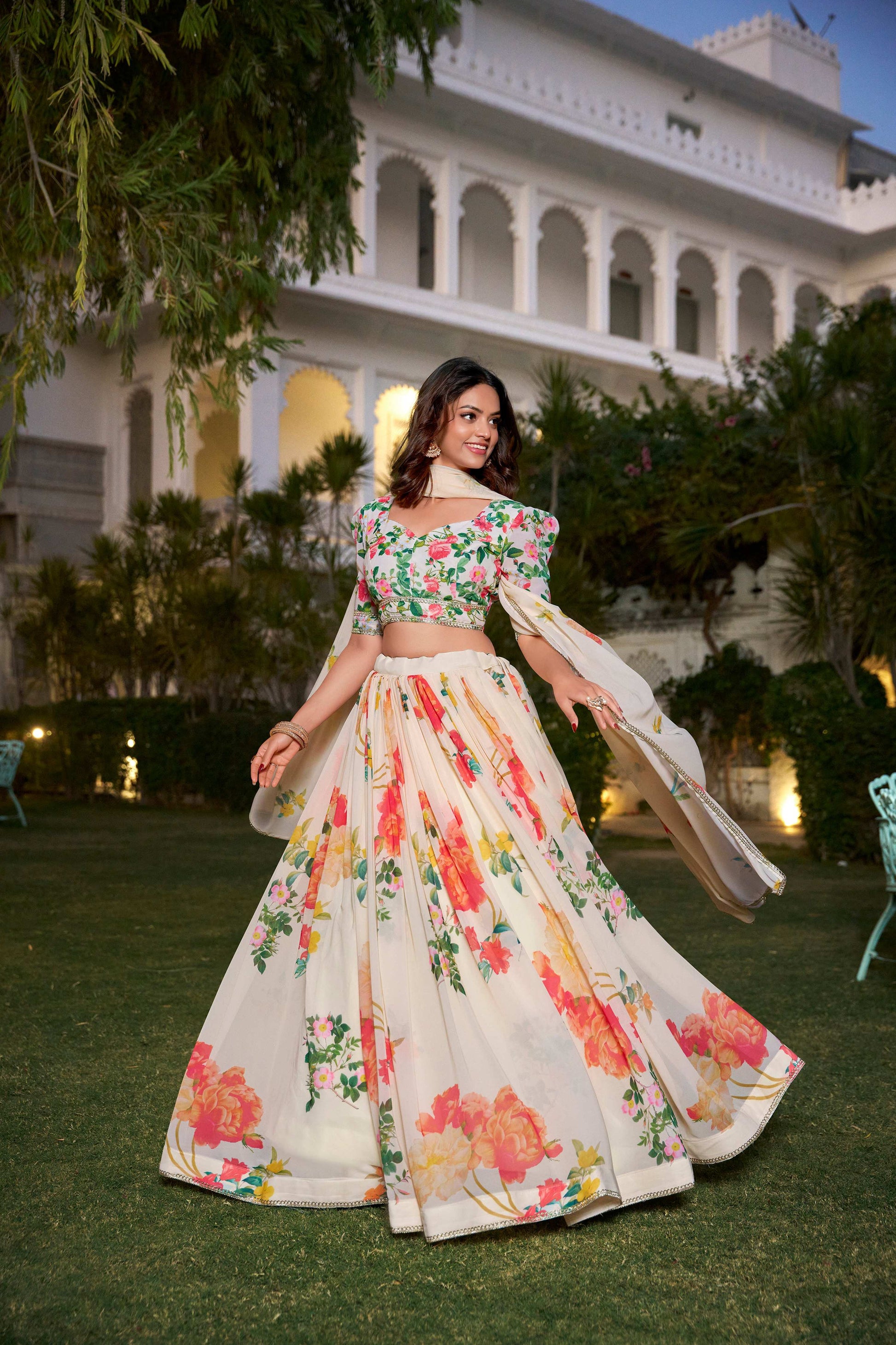Lorenvalley Fashion Cream Georgette Floral Print With Lace Border Lehenga Choli with Dupatta - Swadesiicart